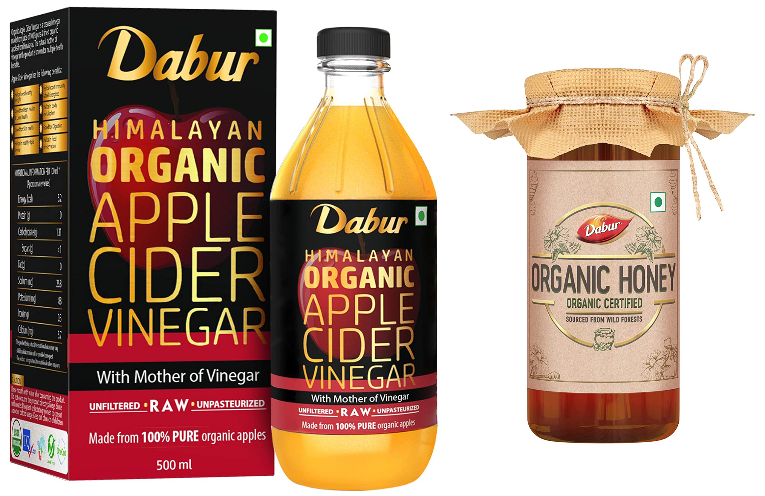 Dabur Himalayan Organic Apple Cider Vinegar with Mother of Vinegar - 500 ml & Dabur Organic Honey 500g|100% Pure| Raw| Unfiltered|Unprocessed|NPOP Certified Honey with No Added Sugar