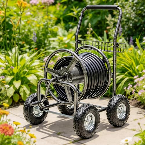 250ft Heavy Duty Hose Reel Cart with 4 Wheels, 5/8" Hose Capacity