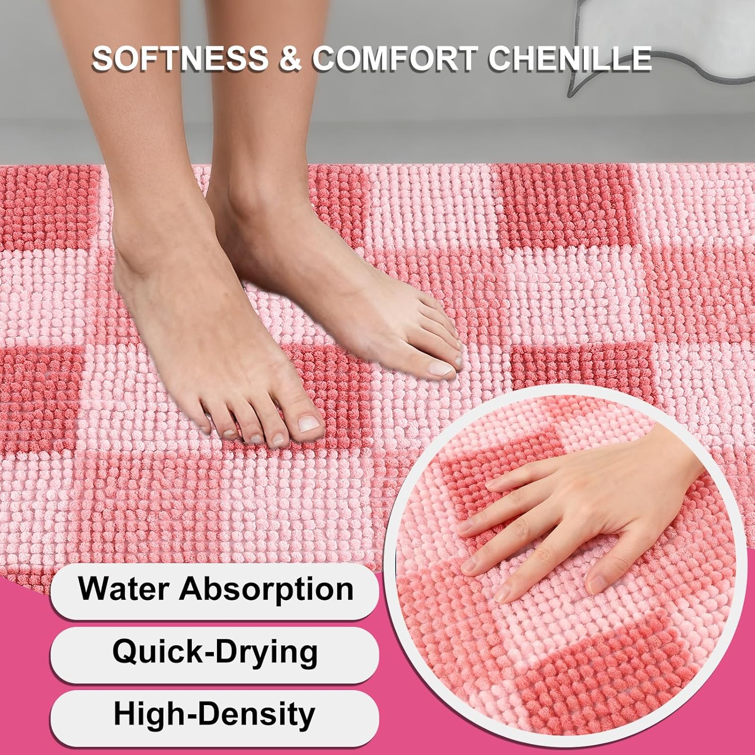 BSSN Pink Bathroom Rugs Sets 3 Pieces, Thick Absorbent Chenille Bath Mat Rug Set Non Slip, Checkered Soft Shaggy Bath Room Floor Mats for Bathroom, Bedroom, Tub, Living Room, Machine Washable