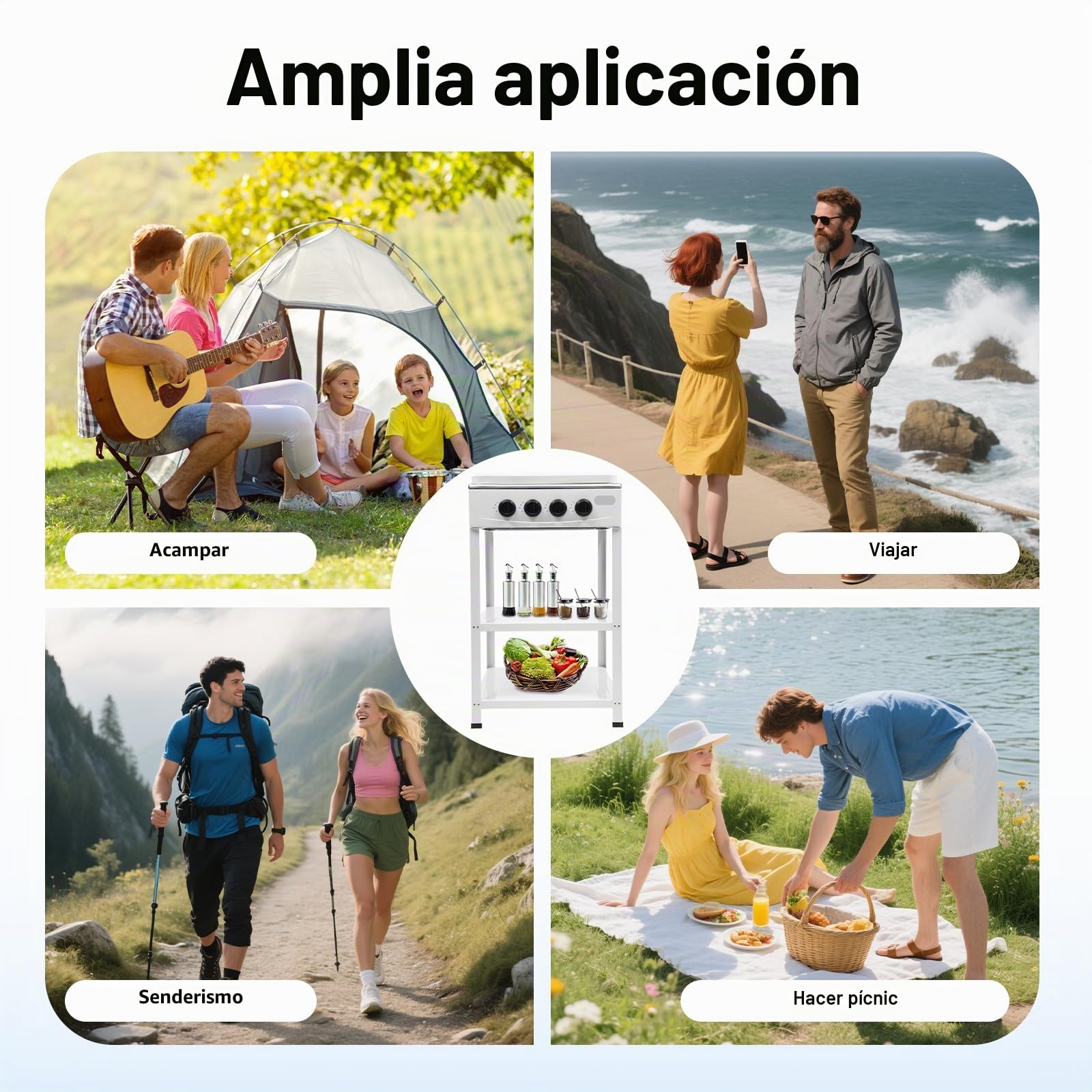 Cocina de gas natural con quemadores 4/5, cocina de gas natural portátil equipada con estante de almacenamiento de doble capa, diseño desmontable, utilizado como estufa de encimera sin patas (blanco,