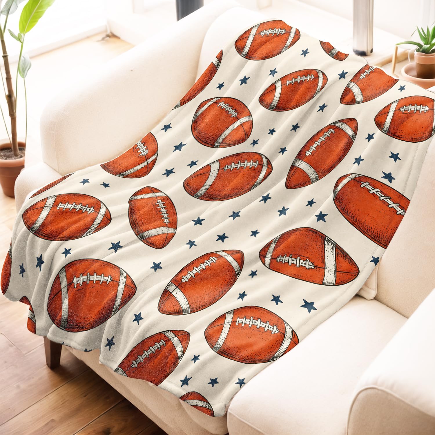 Retro Football and Star Blanket, Sport Ball Flannel Throw Blankets, 50"x60", Soft Warm Lightweight Fuzzy Cozy Throws for Couch Bed Sofa Decorative Gifts for Rugby Fans Boys Teen Men, Beige