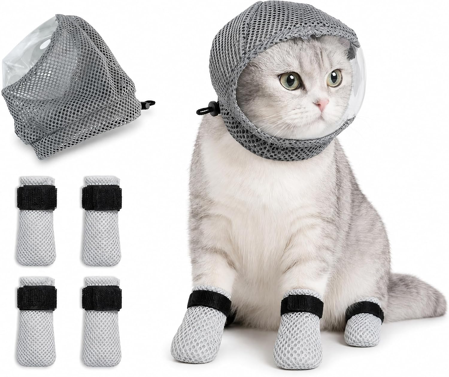 Cat Grooming Hood Set with 4 Paw Covers, Adjustable Transparent Cat Muzzle