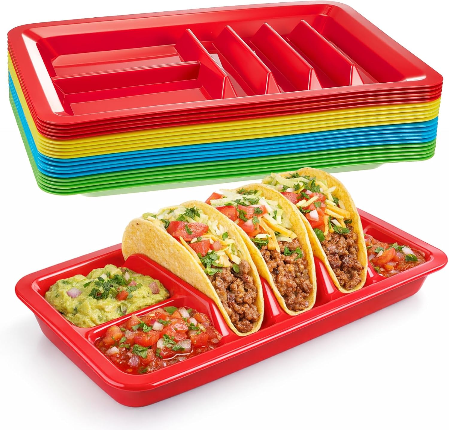Uiifan 12 Pcs Colorful Plastic Taco Plates for Birthday Party with Stand up Divider for 3 Tacos and 2 Dipping Areas Trays for Mexican Party Fiesta Microwave Dishwasher Safe