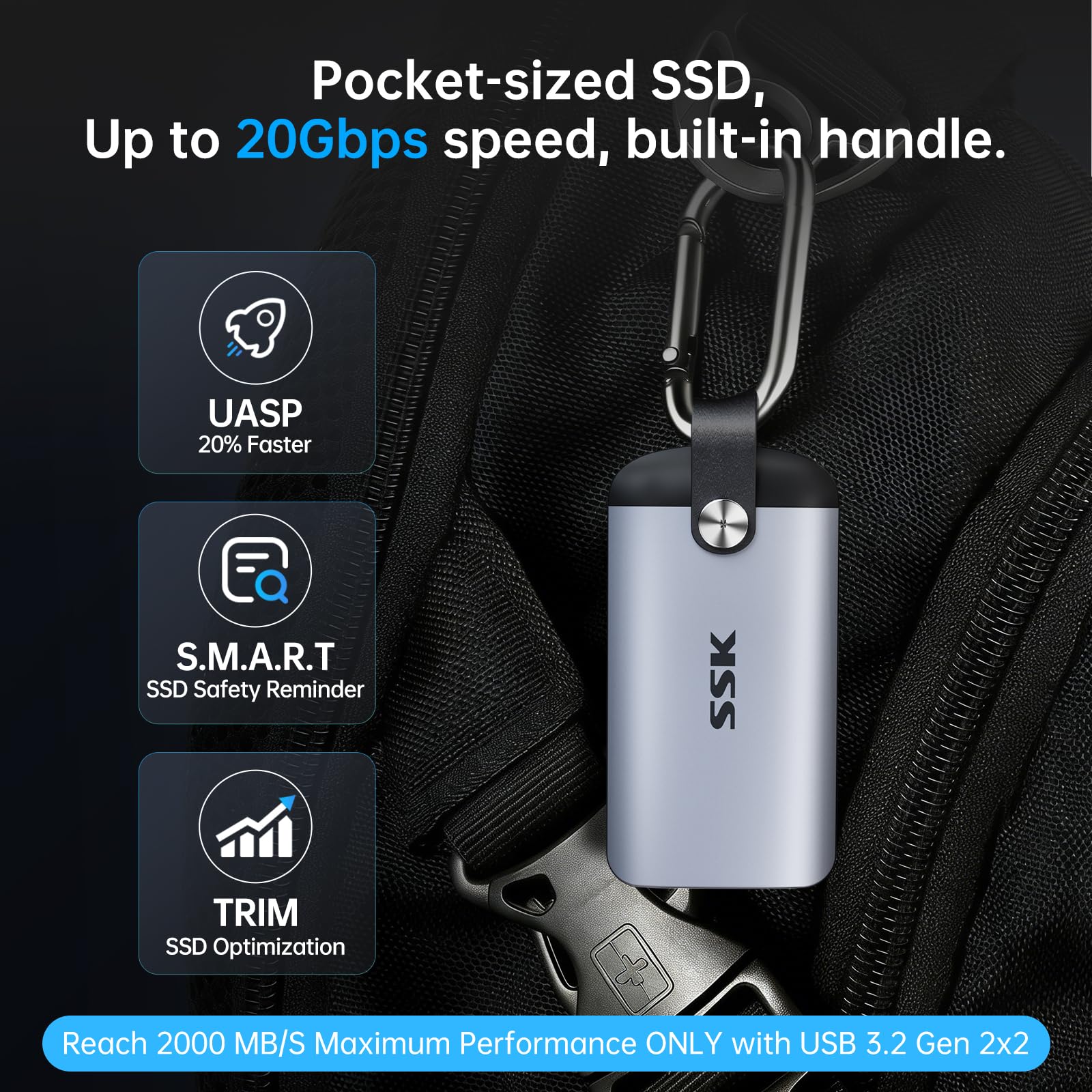SSK SSD esterno 1TB velocità massima fino a 2000 MB/s Disco rigido USB C portatile solo per USB 3.2 Gen2x2, unità a stato solido esterne con manico in pelle per iPhone 15/16/17/Android/Windows/Tablet