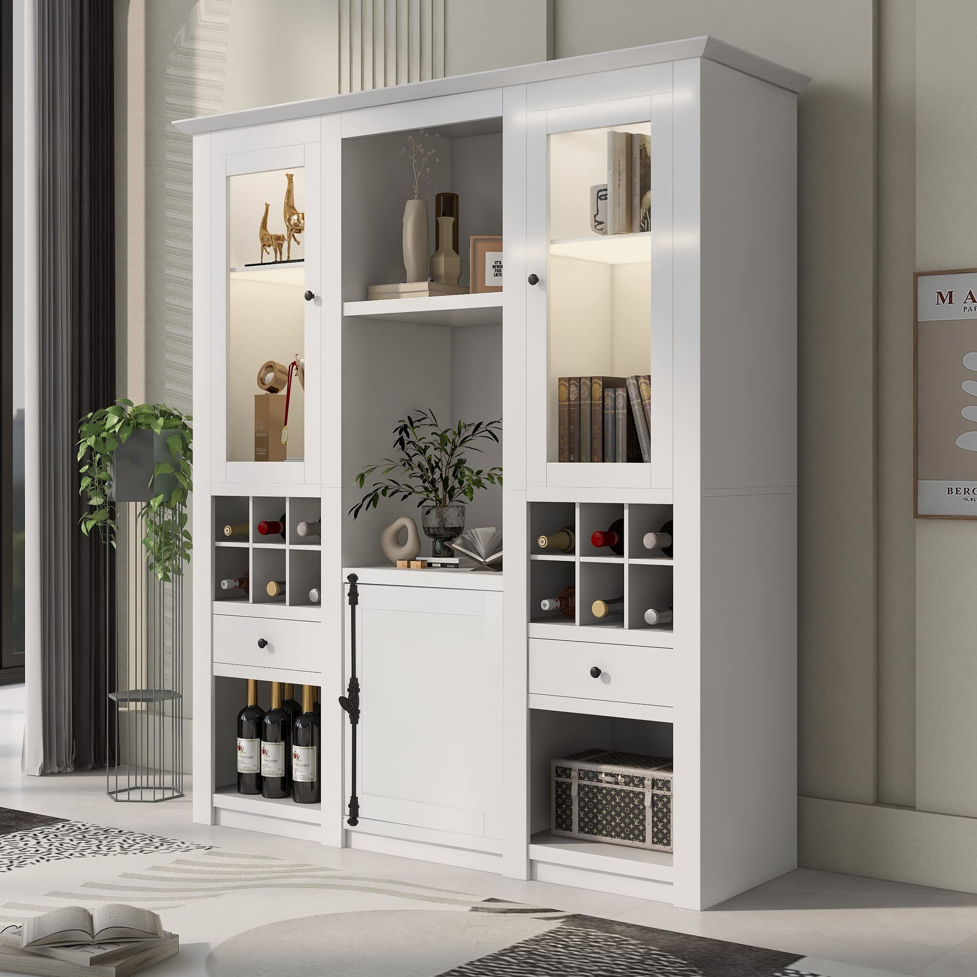 Bibliothèque Design avec Éclairage LED Multicolore et Portes en Verre - Meuble de Rangement Moderne Compartiment à Vin Intégré, pour Salon et Bureau - 143 x 45.5 x 170 cm