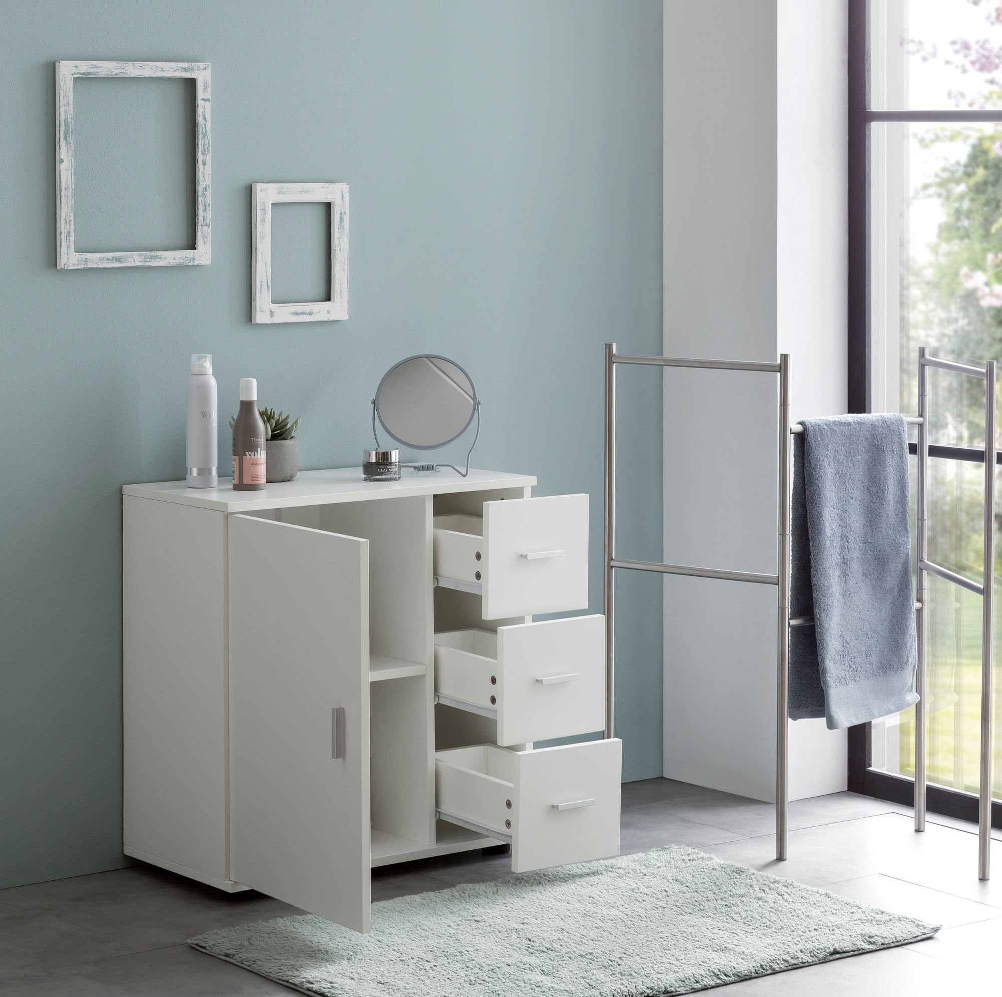 WOHNLING Mobile Bagno Midi 60x33x65,5 cm Bianco, Anta e Cassetti