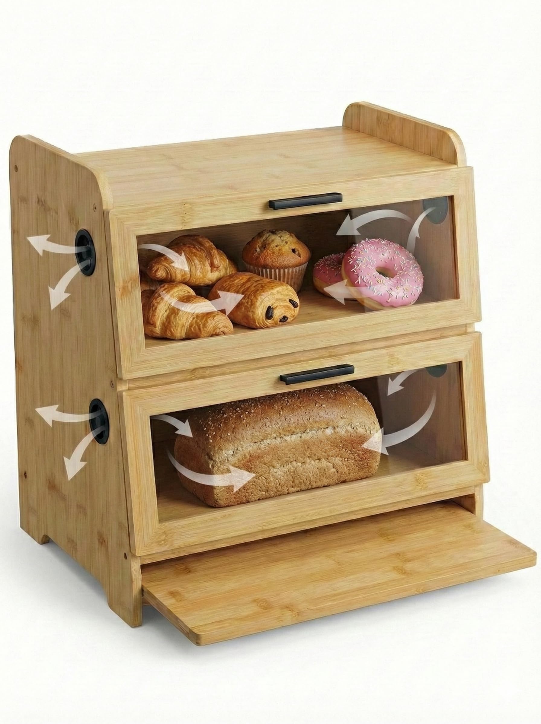 SWAYN - Caja de pan de bambú con certificación FSC - Hucha para pan de 2 pisos, ventilación ajustable para prolongar la frescura, tabla integrada, almacenamiento optimizado para conservación de pan