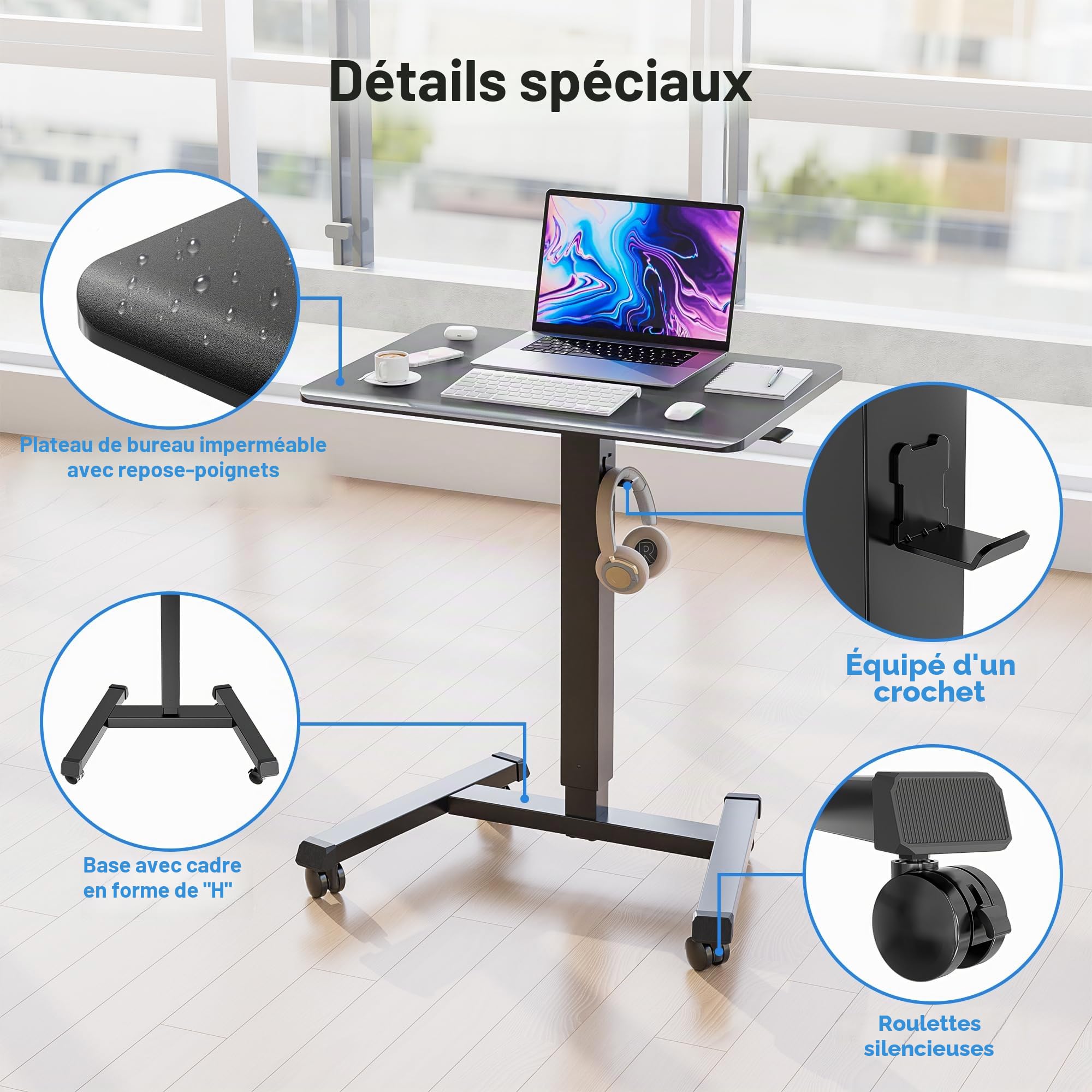 BONTEC Bureau Mobile Réglable en Hauteur, 65 × 45 cm, Table de Lit avec roulettes Verrouillables, Poste de Travail Assis-Debout pour Salon, Chambre, Bureau, Charge Maximale 15 kg, Noir