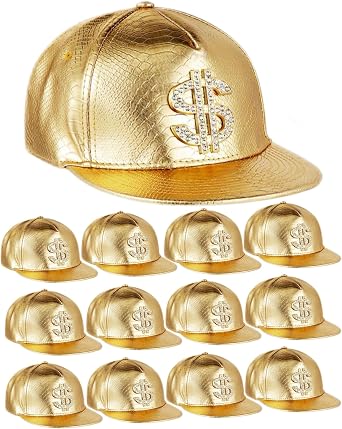 Xtinmee 12 Pcs Gold Hip Hop Hats Bulk 80s 90s Hat with Dollar Sign Hip Hop Birthday Party Decorations Flat Brimmed Rock Cap