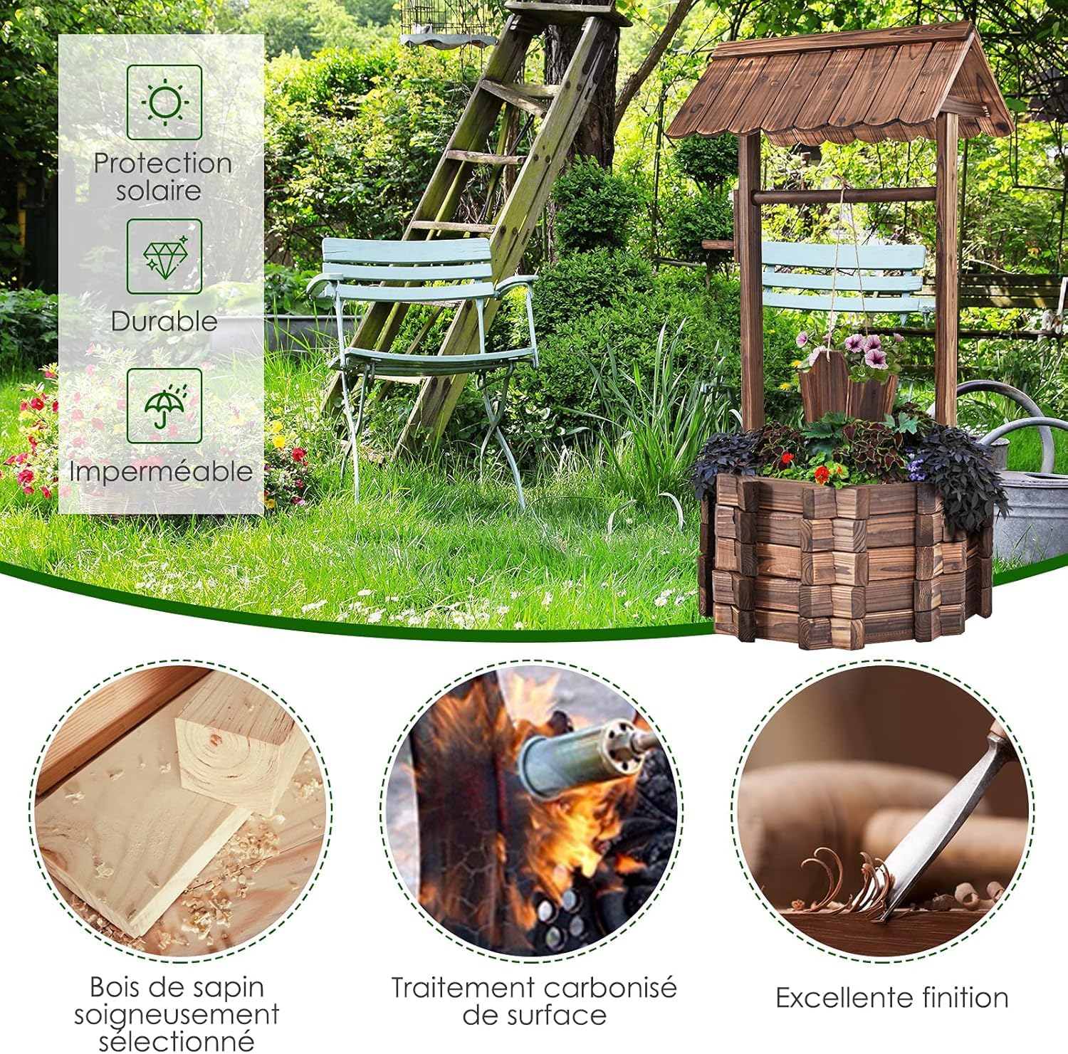 GOPLUS Pozo de Madera Decorativo, Jardinera de Exterior con Techo Clásico, Fuente Decorativa con Cubo Colgante y Amplio Lecho de Plantación