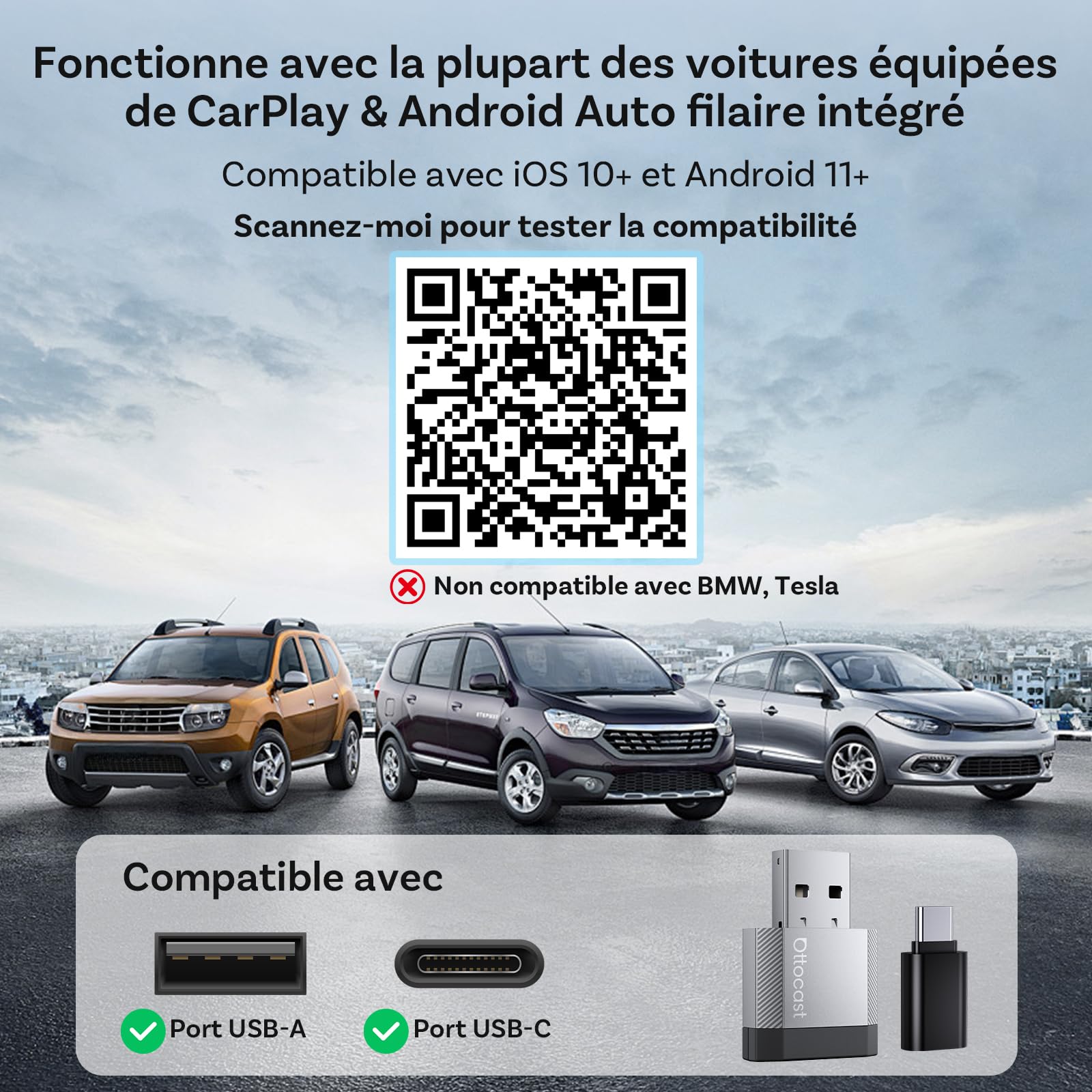OTTOCAST Adaptateur CarPlay sans Fil et Android Auto 2 en 1, Mini Nova 2026 Adaptateur CarPlay Wireless, Compatible ChatGPT Gemini (iOS 26.3+), Plug & Play pour Voitures CarPlay/Android Auto Filaires