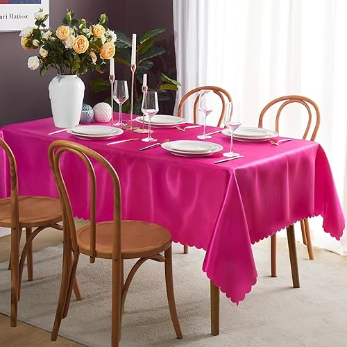 Miniatura 3 de KKJIAF 4 Paquetes Manteles de Satén Rosa Intenso de 58" x 102" Rectangulares Brillantes Sedosos y Suaves Cubierta de Mesa de Satén para Decoración