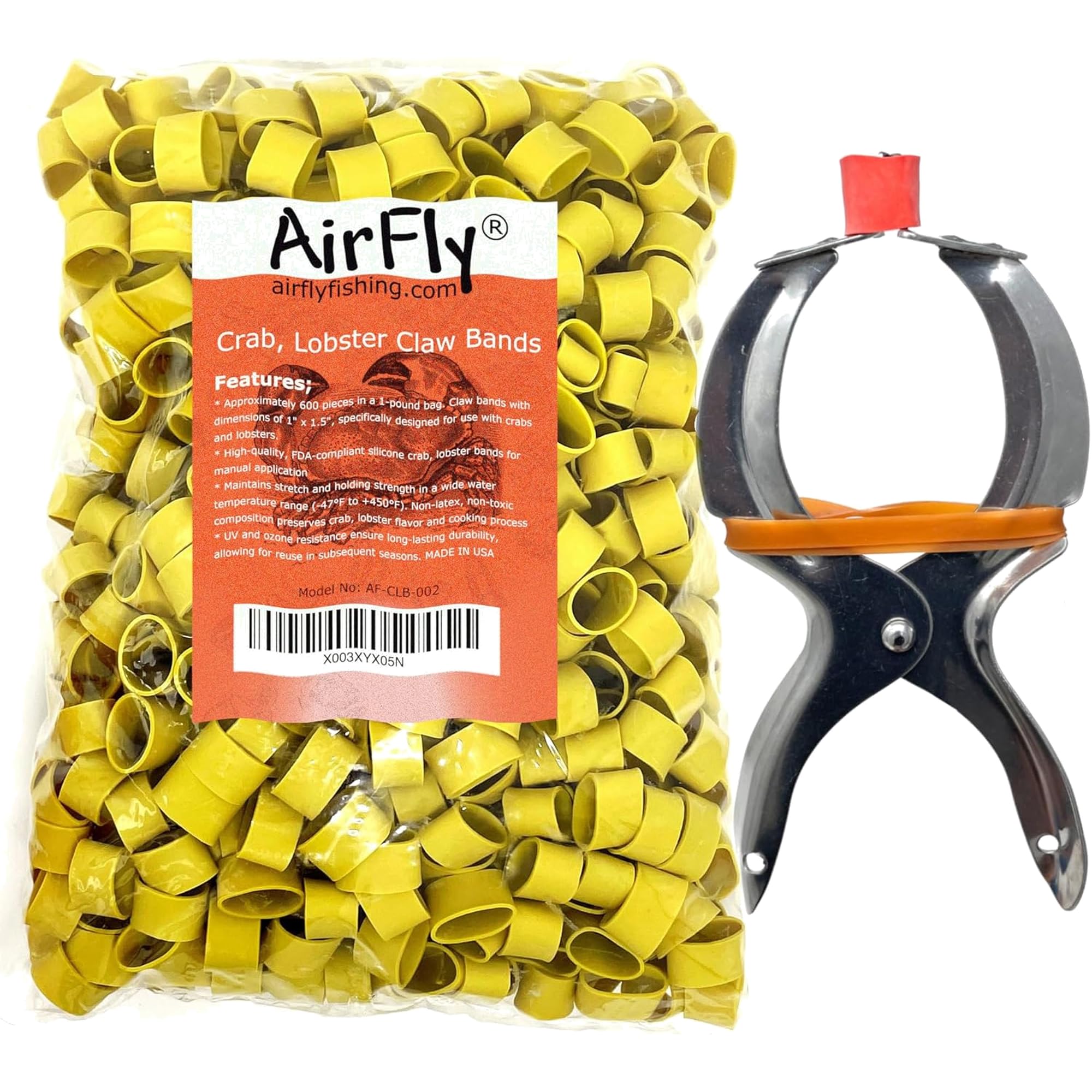 AirFly Crab, Lobster Claw Rubber Bands & Binder Tool, Protect Lobsters & Crabs, Cook Safe FDA-Compliant Silicone, Made in USA, 600 pcs (Binder + Yellow Bag), AF-LB-01