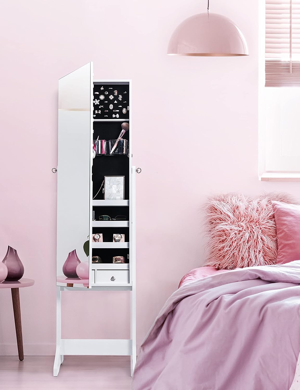 Nicetree Jewelry Cabinet with Full-Length Mirror, Standing Lockable Jewelry Armoire Mirror Organizer, 3 Angel Adjustable, White : Clothing, Shoes & Jewelry