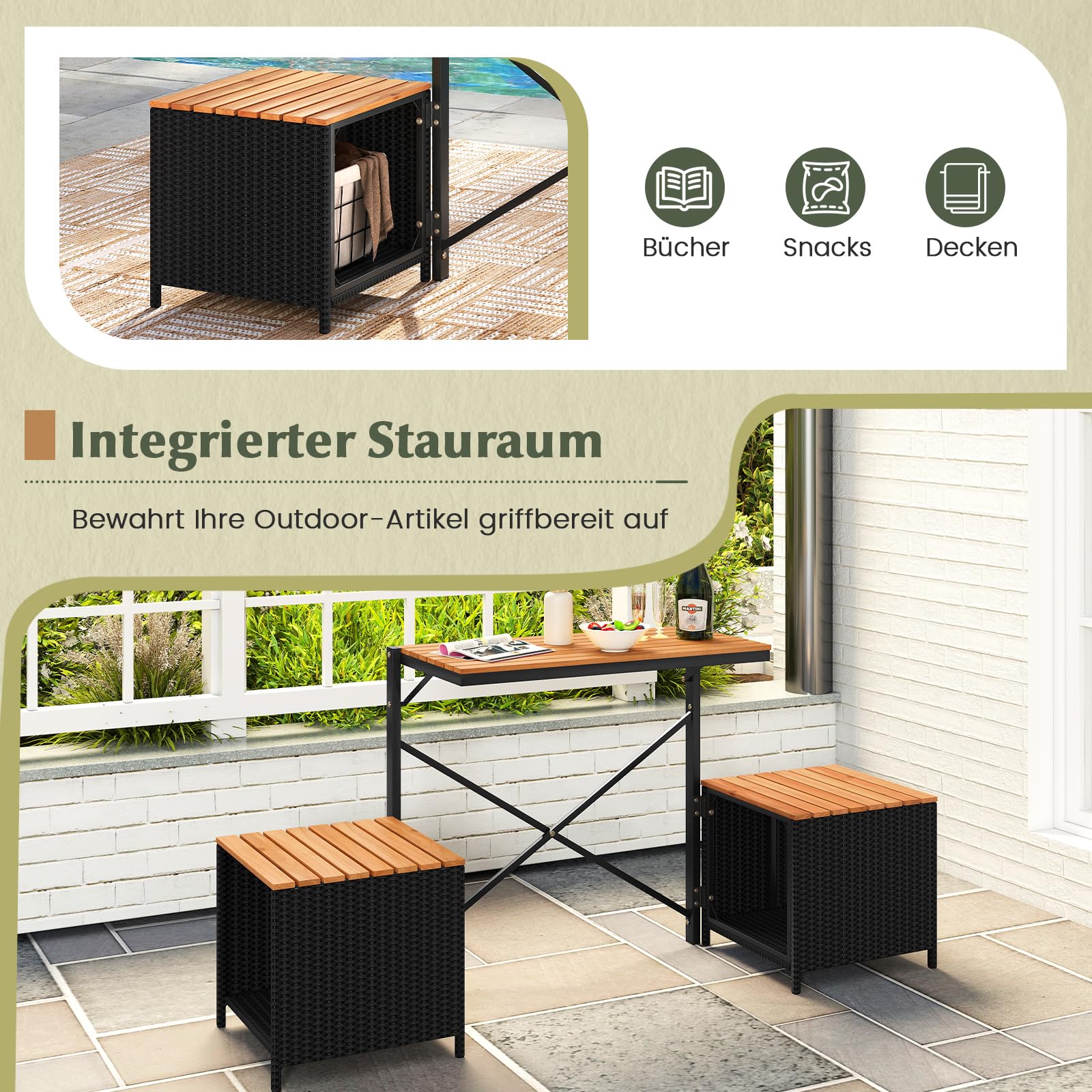 COSTWAY 2 in 1 Gartenbank, wandelbarer Picknicktisch & Sitzbank (Schwarz) | Balkonset, Balkonmöbel Kleiner Balkon, Sitzgruppe, Sitzgarnitur für Garten, Terrasse
