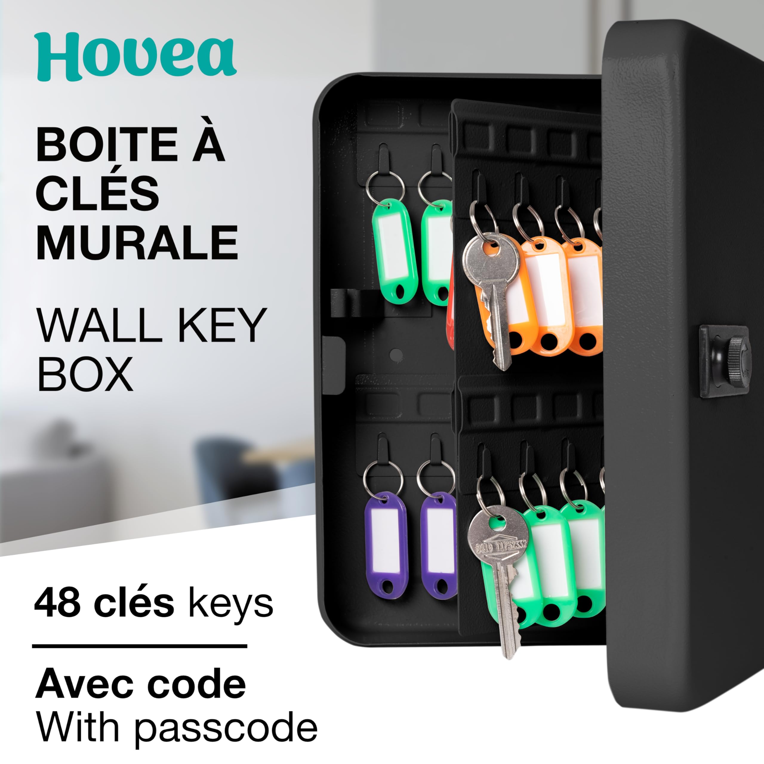 Boite à Clefs Murale avec Code - 48 Crochets - Armoire à Clés Sécurisée - pour Clés de Maison, Voiture - avec 48 Porte-Clés Étiquettes & Numéros Autocollants - en Métal - Noir - BKY481