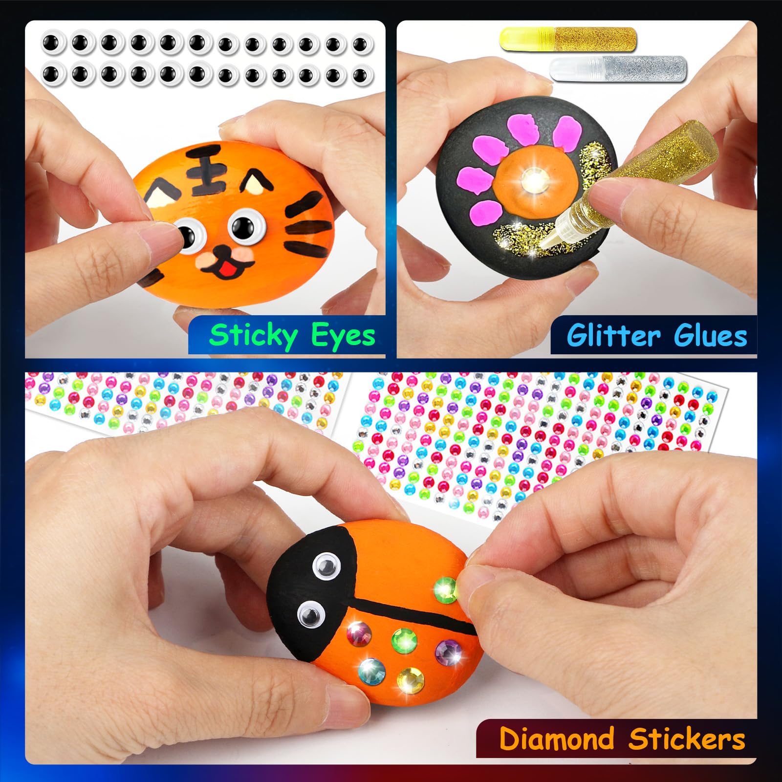 Kit Peinture Sur Pierres JOYIN - 12 Pierres, 18 Peintures Et Accessoires Pour Artisanat Enfant