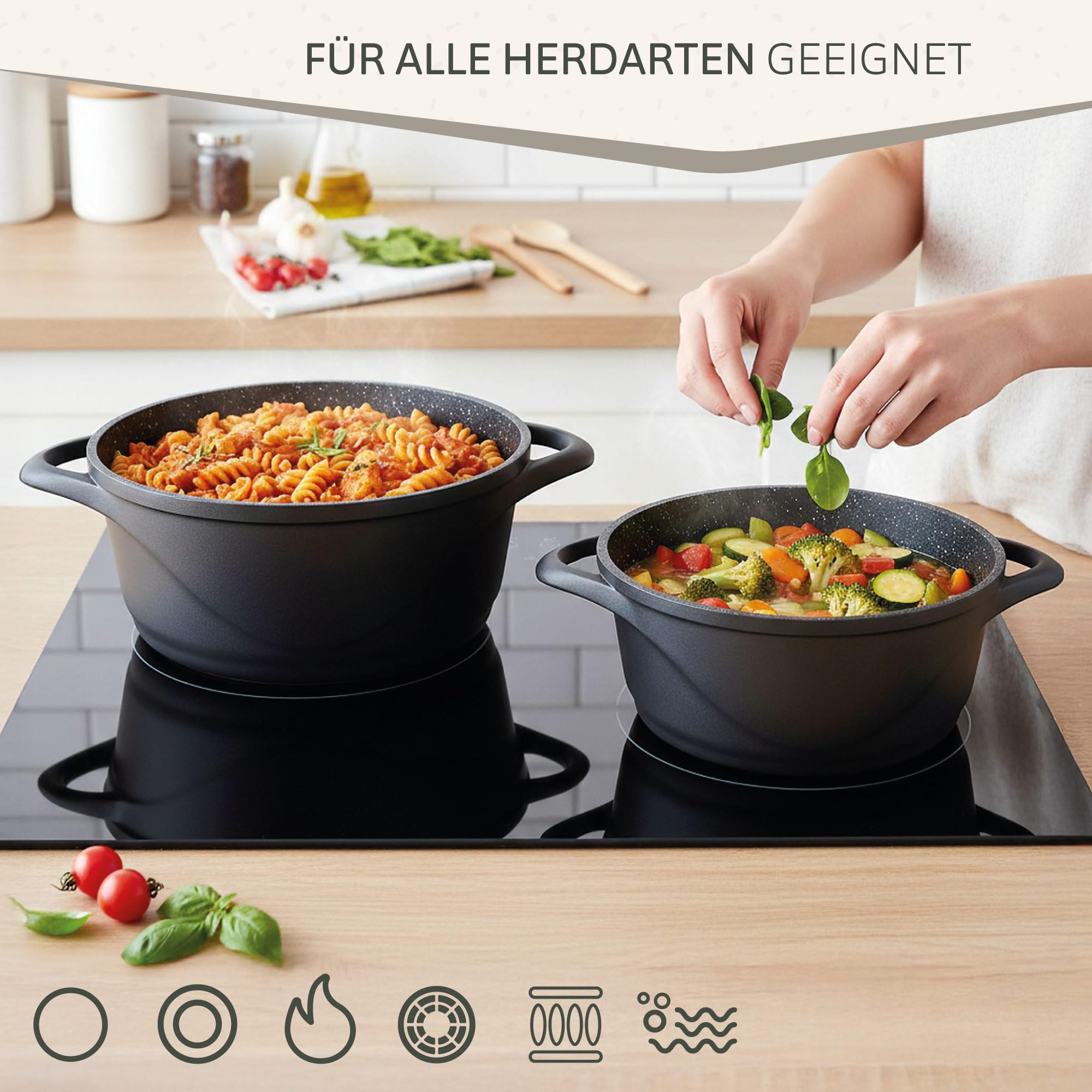 briebe Topfset Induktion 6-Teilig, Kochtopf Set 3 Töpfen aus Aluminiumguss, Antihaftbeschichtung ILAG GRANITEC ohne PFOA, Deckeln aus Glass, Topfhandschuhe Silikon, Glaskeramik, Gas, Ofen, MGK-18