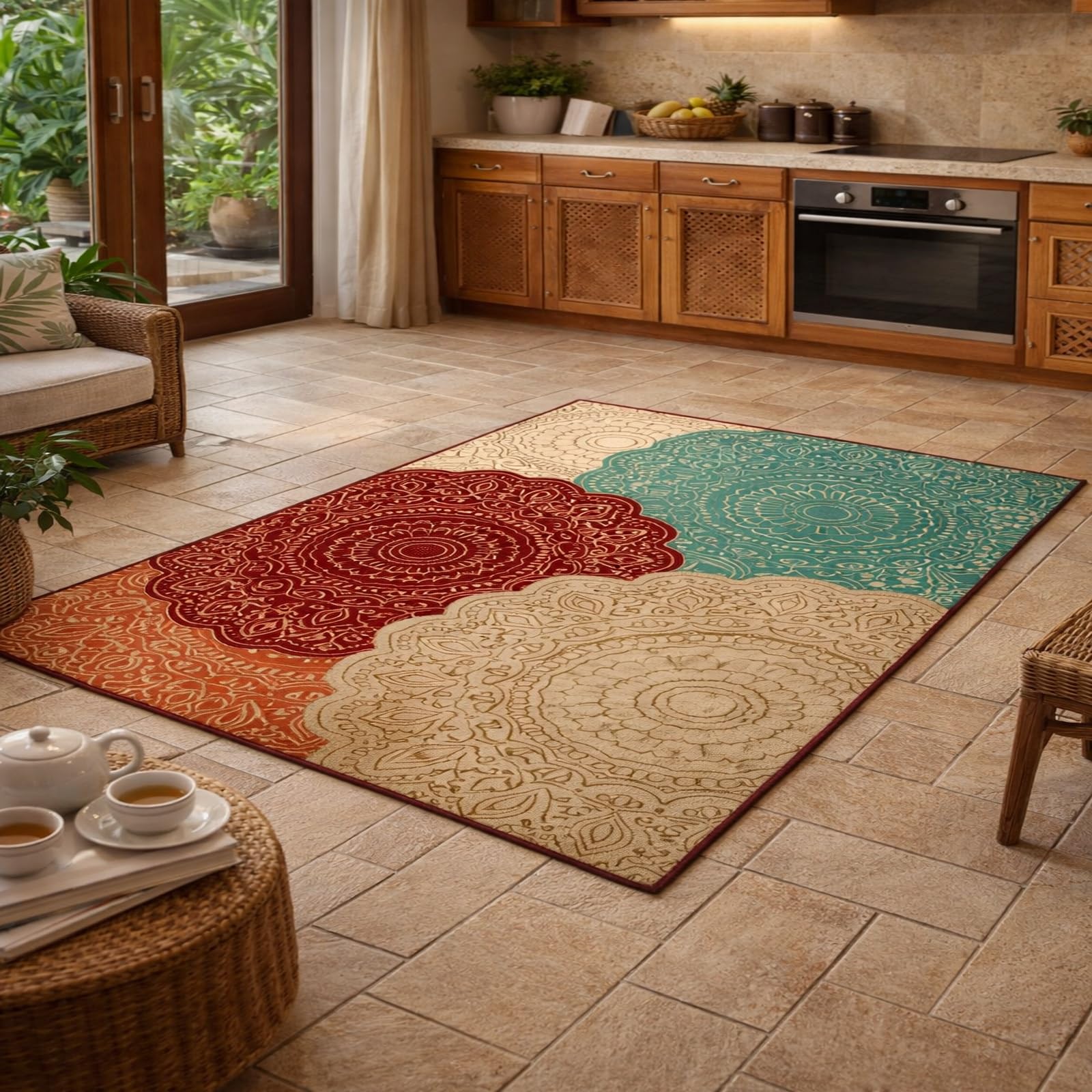 Tapis pour salon carré 150 cm vintage rouge et vert sous table de cuisine