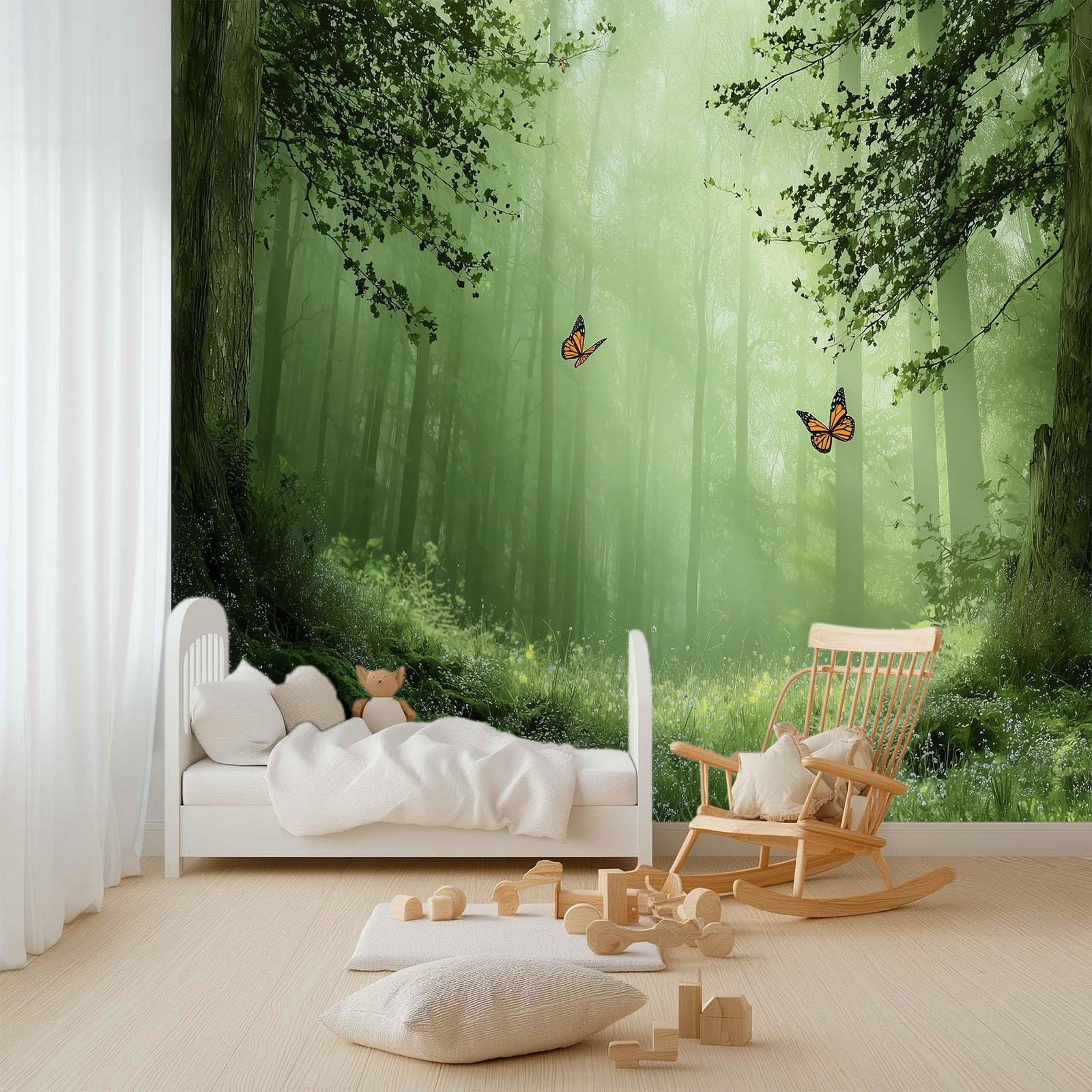 Générique Papier Peint 3D Effet Panoramique Photo Mural 450 x 280 cm Fantaisie Nature Forêt Papillon Papier Peint Tapisserie Poster Panoramique Salon Chambre D'Enfants Décoration Murale, Vert Forêt