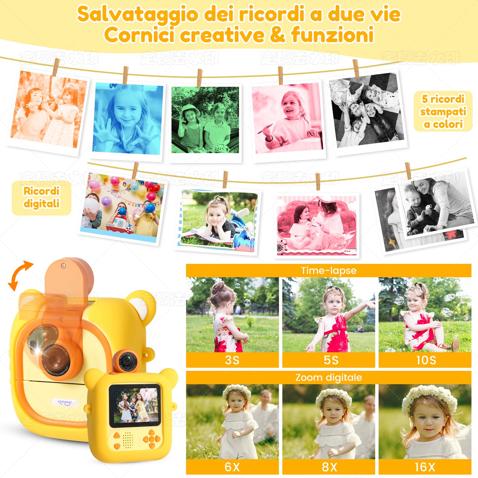 ARNSSIEN Macchina Fotografica Bambini Istantanea e 7 Rotoli Carta (4 Col: O/R/V/B+3 B&N)-2,4”Fotocamera istantanea con 32GB, 180 °Flip Obiettivo, Regalo di Natale e Compleanno per Bambini per 3-12,M2