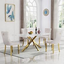 5 Piece Marble Dining Set for 4, 70.87" Rectangular Dining Room Table with 4 Beige Velvet Chairs, Gold Stainless Steel Frame, Luxury Modern Kitchen Table Set for Dining Room, Easy Assembly