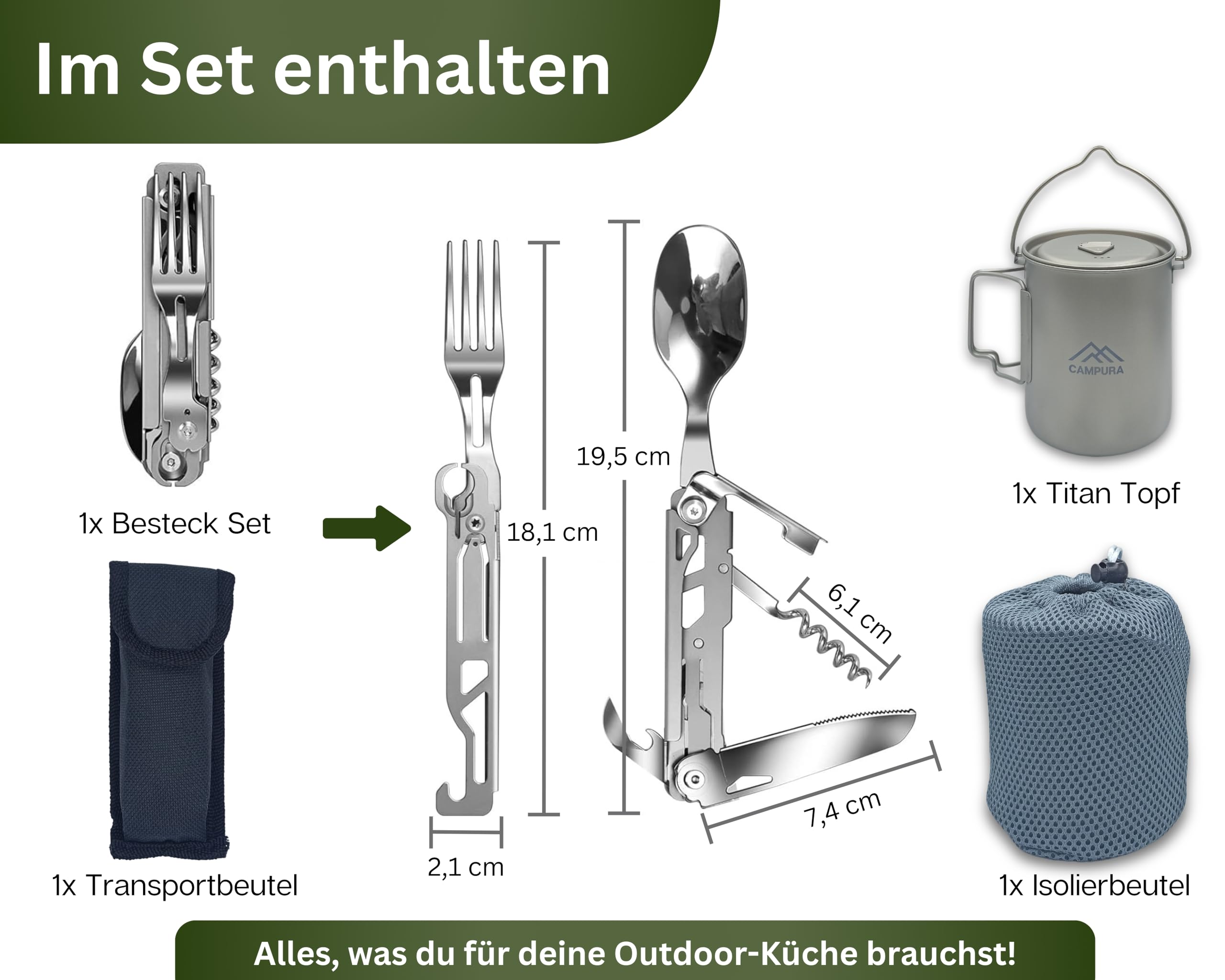 Titan Topf Outdoor inkl. 5-in-1 Edelstahl Klappbesteck - Ultraleicht 146g für Trekking & Bushcraft - 750ml, faltbar - Camping Geschirr Titanium Survival Topf