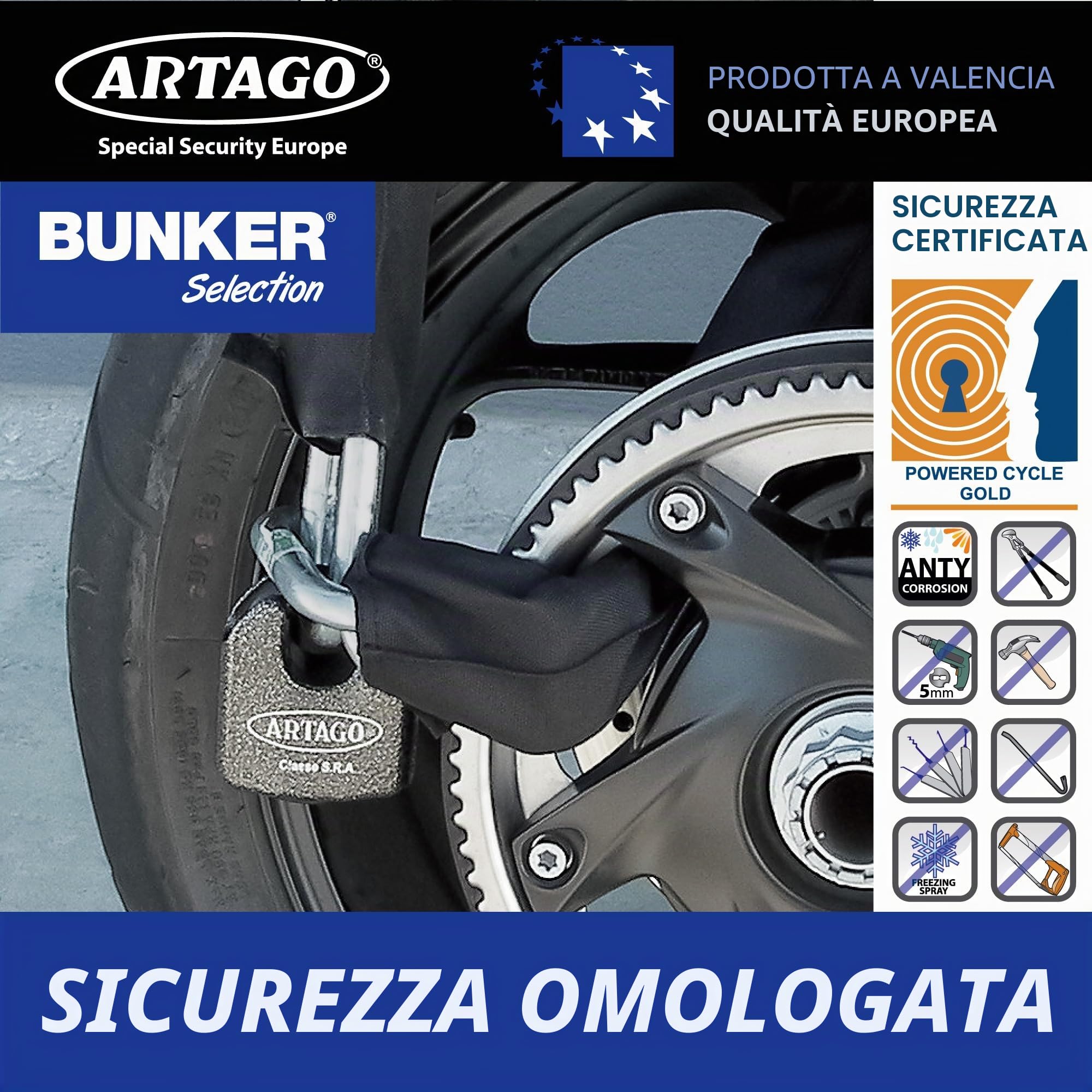 Artago 68T150 Catena Moto Antifurto Pesante ad Alta Sicurezza, Omologata Sold Secure, ø15 150cm, BUNKER SELECTION, Lucchetto MONOBLOK in Acciaio Forgiato, Catena Cementata Antifurto per Moto Scooter