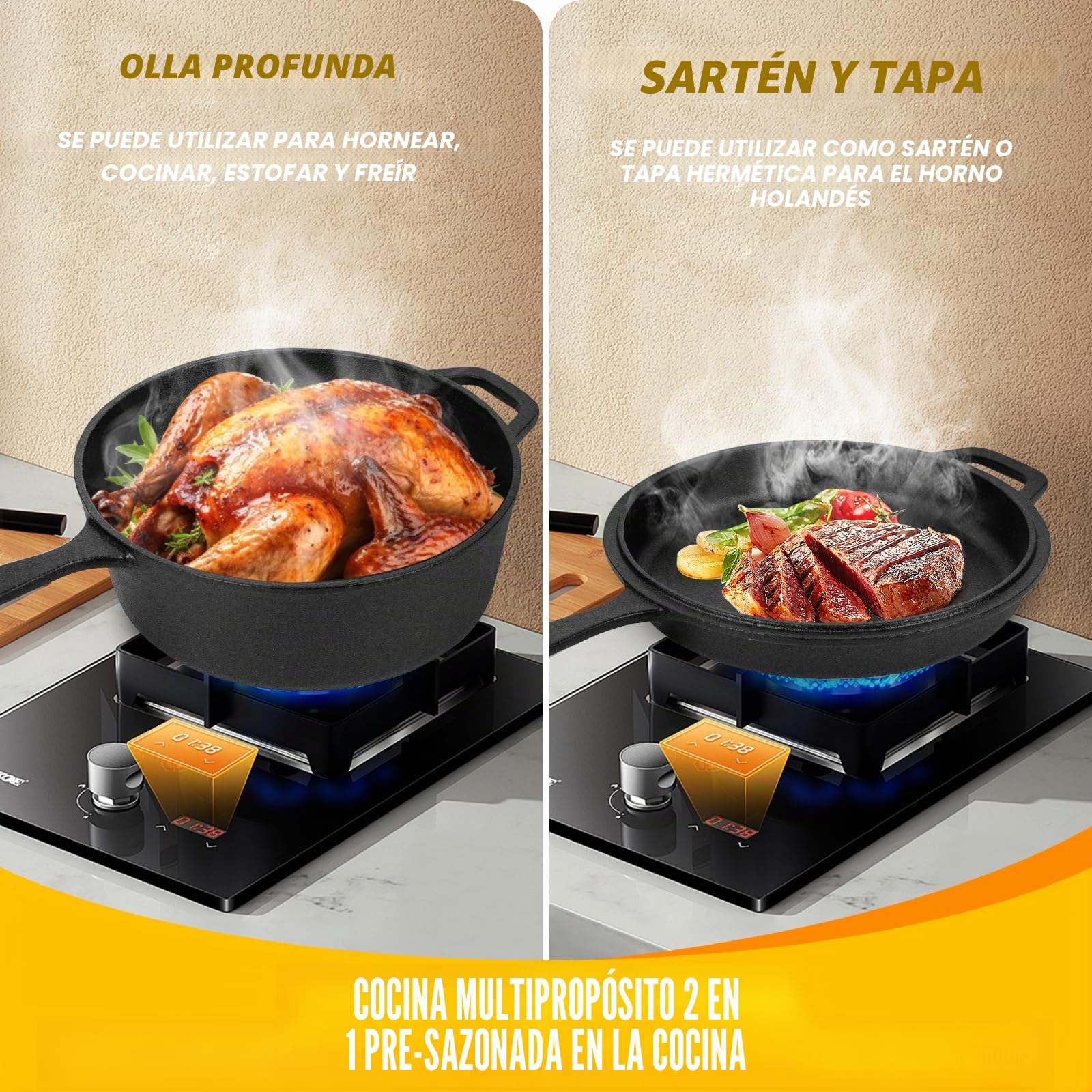 Juego de Sartén y Olla de Hierro Fundido 1,5L & 4,5L – Sartén y Cazuela para Cocina y Horno, Calor Uniforme, Compatible con Gas/Inducción, Ideal para Freír, Guisar y Asar