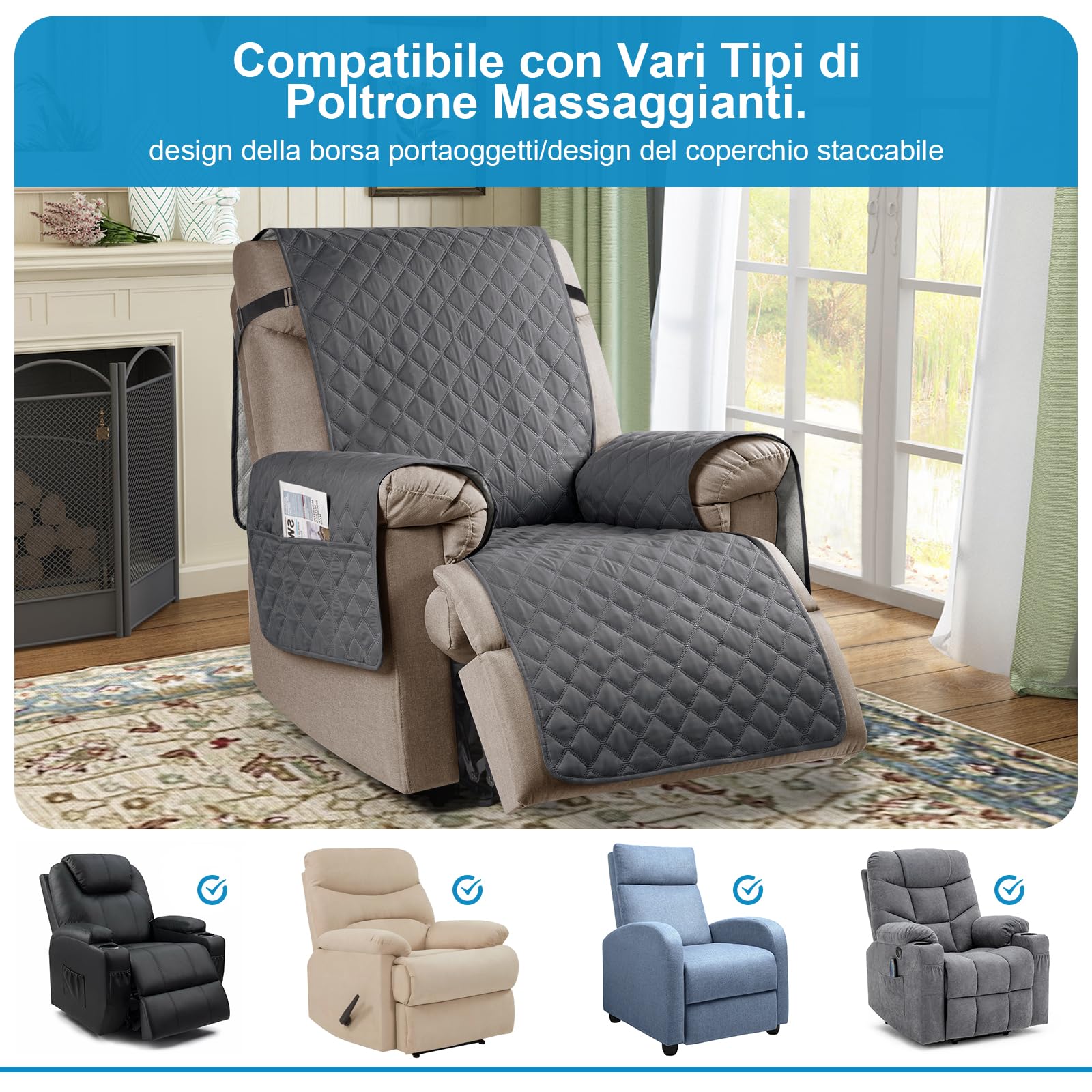 TAOCOCO Copripoltrona Relax Reclinabile, Copridivano Impermeabile per Poltrona Relax Reclinabile Elettrica Reversibile Copri Divano,Antiscivolo Antimacchia Antigraffio(Grigio Scuro)