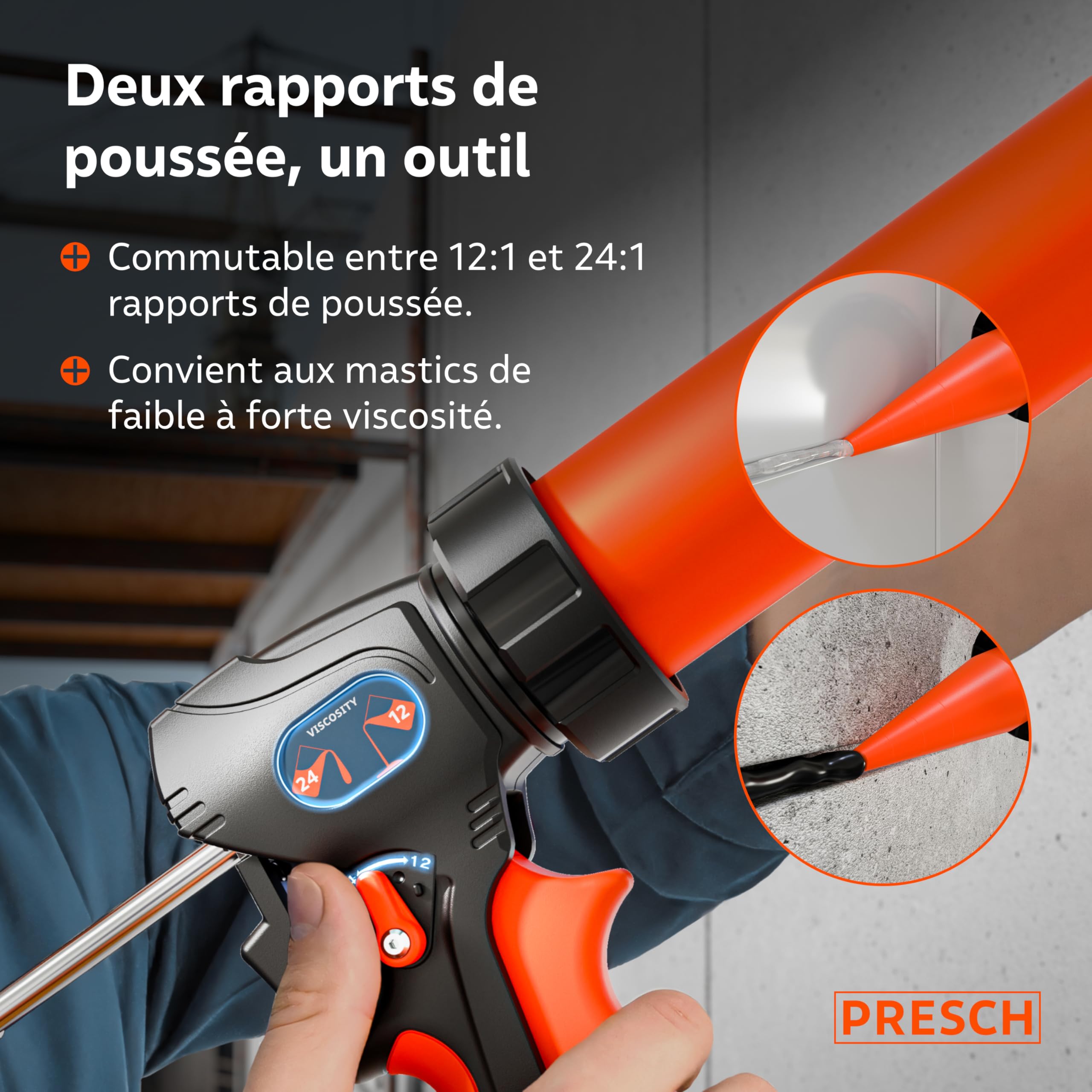 Presch Pistolet silicone 600ml incl. 2 embouts – Pistolet à calfeutrer commutable 24:1 & 12:1 pour tous mastics & adhésifs (acrylique, silicone & PU) – Seringue rotative 360° & poignée antidérapante