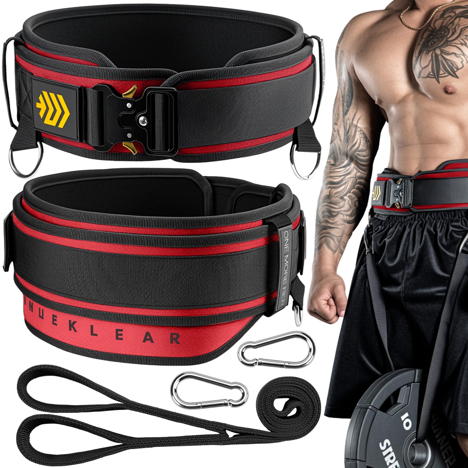 MANUEKLEAR 2-in-1 Weightlifting Belt & Dip Belt with 36.7 IN Rope, Double-Layer Weight Lifting Belts, Powerlifting Gym Weighted Belt for Pull Up Squat (Vibrant Red, S(26-29in))