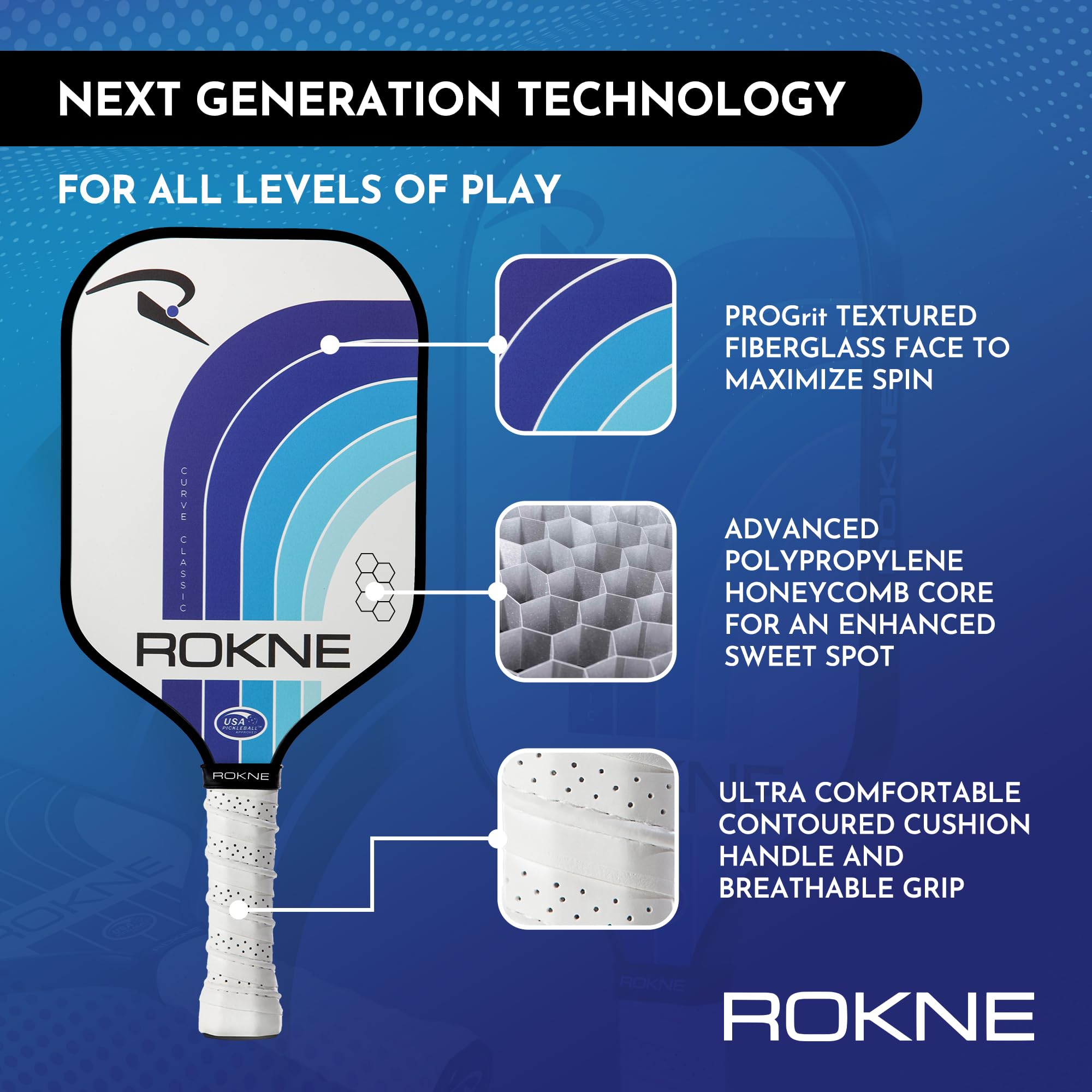 ROKNE Curva Classic Pickleball Paddle, USAPA approvato Pickle Ball Racchette ProGrit Texture, Max Spin & Control, Comfort Cuscino Grip, Manico lungo, Fibra di vetro, Polipropilene Nucleo a nido d'ape