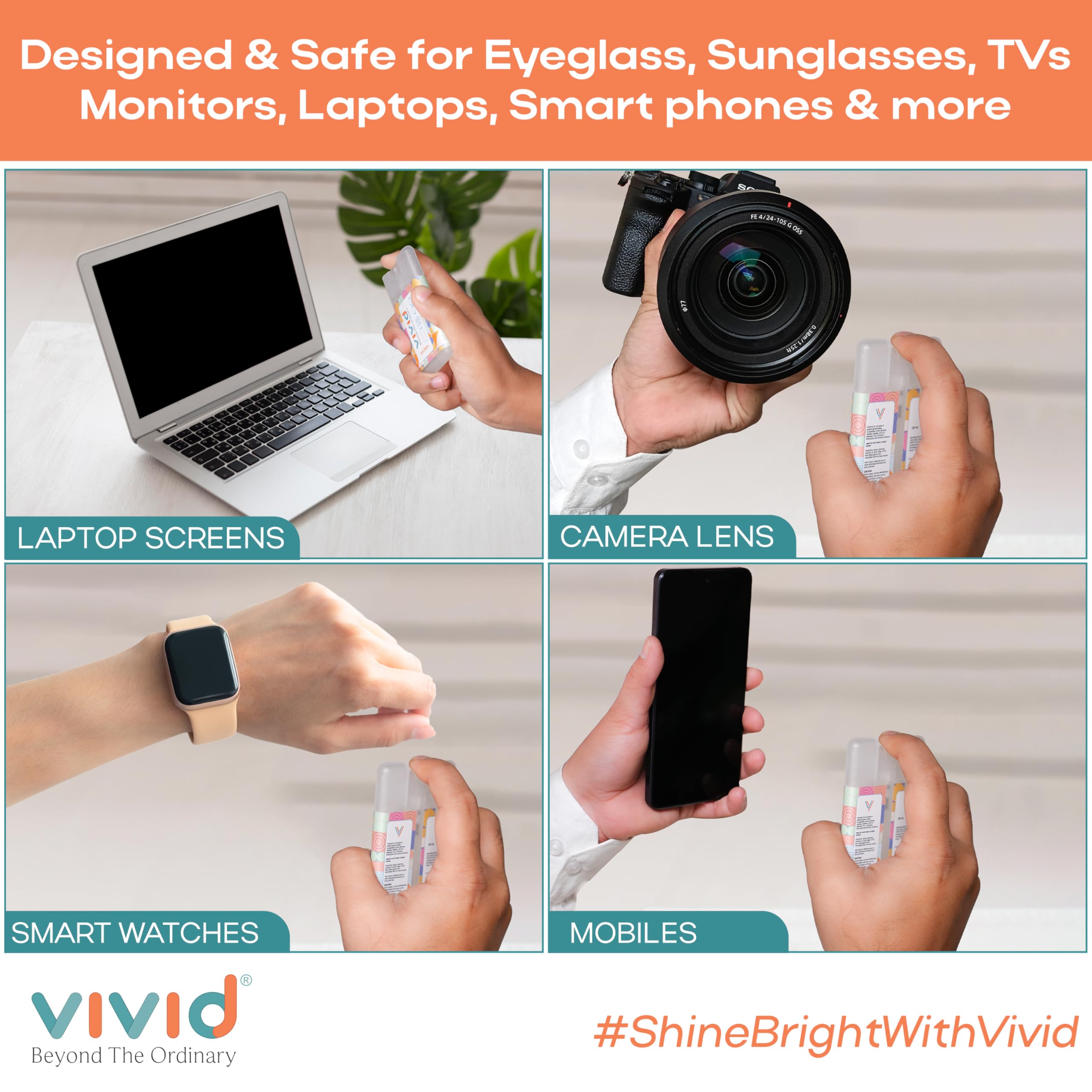 VividVision® myclean Lens Cleaning Solution Spray contain NO Detergent-NO foam-for Spectacles,Sunglasses,Eyeglasses,Mobile,PC,Laptop,TV &Camera solution (20 ML Pack of 3) 1
