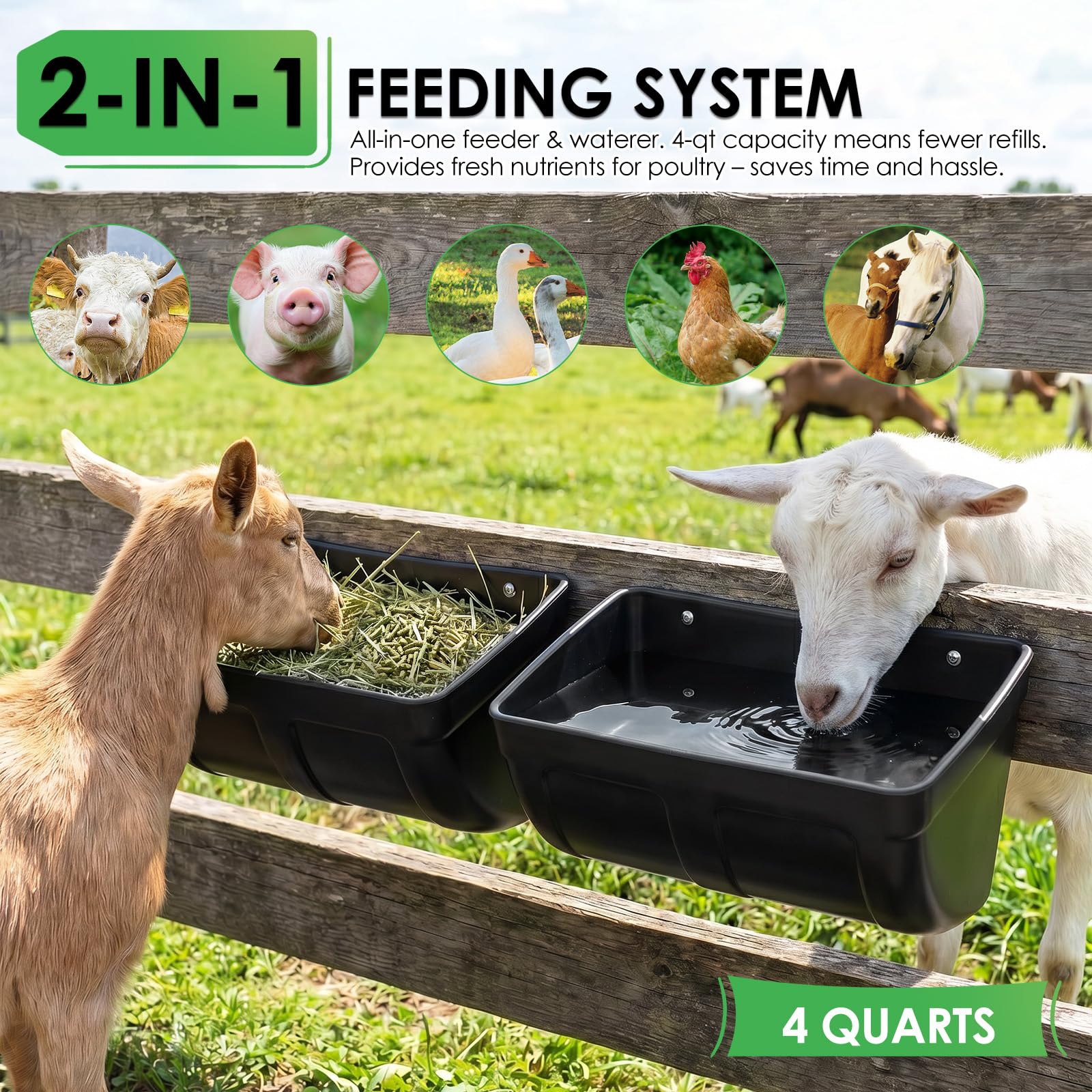 Comedero automático para pollos, verduras, 3,8 L, comedero automático y bebedero para pollos, cabras y patos, montaje en valla, cuenco impermeable para aves de corral y animales de establo (10