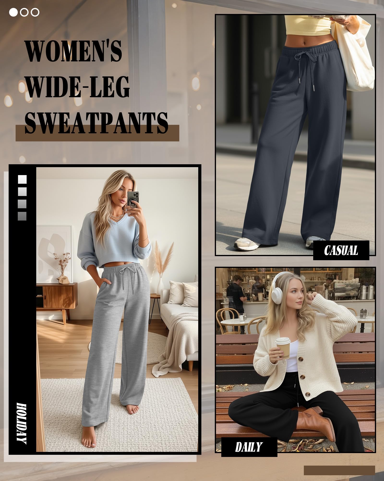 Riyiper Lot de 3 Pantalons de survêtement Larges pour Femmes Droits à Cordon de Serrage Taille élastique Jogging avec Poches