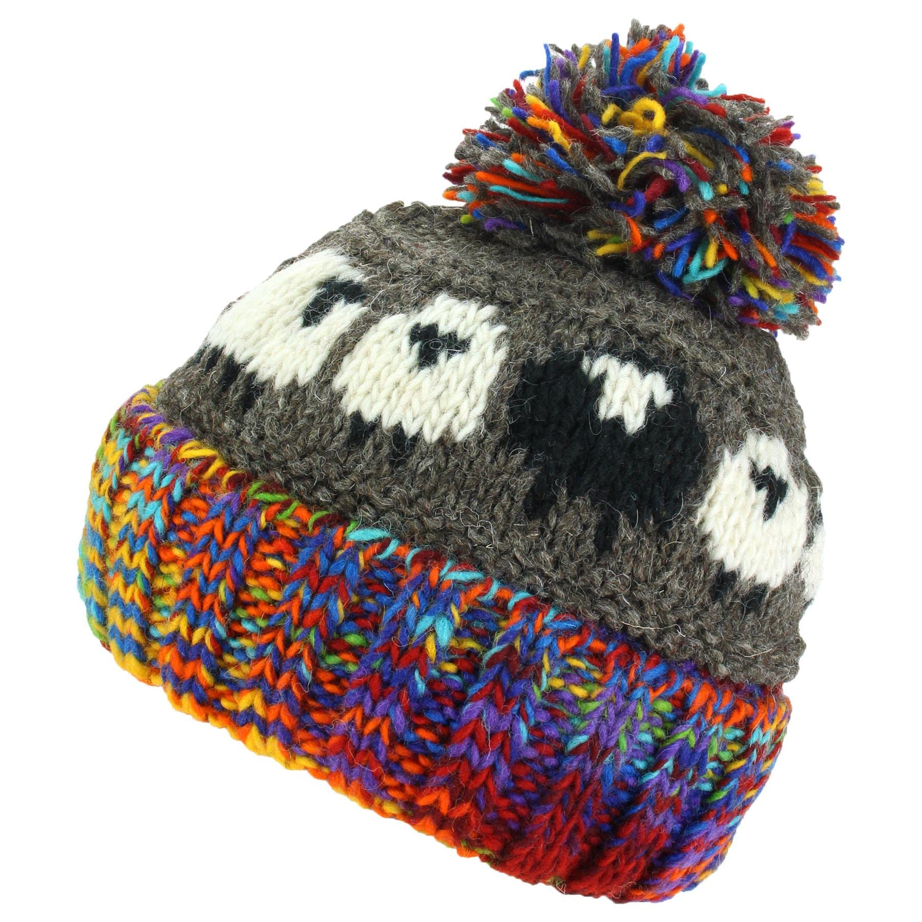 Loud Hats Women's Grey Rainbow Wool Knit Bobble Beanie Hat Sheep Pattern & Black Sheep