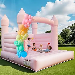 14FT PVC White Bounce House, Inflatable Bouncer for Kids, 3 in 1 Jumper Bounce House Bouncy Castle for Kids, Indoor & Outdoor, Party, with 750W Blower, Balloon, 2 Basketball Set (Pink, 14FT)