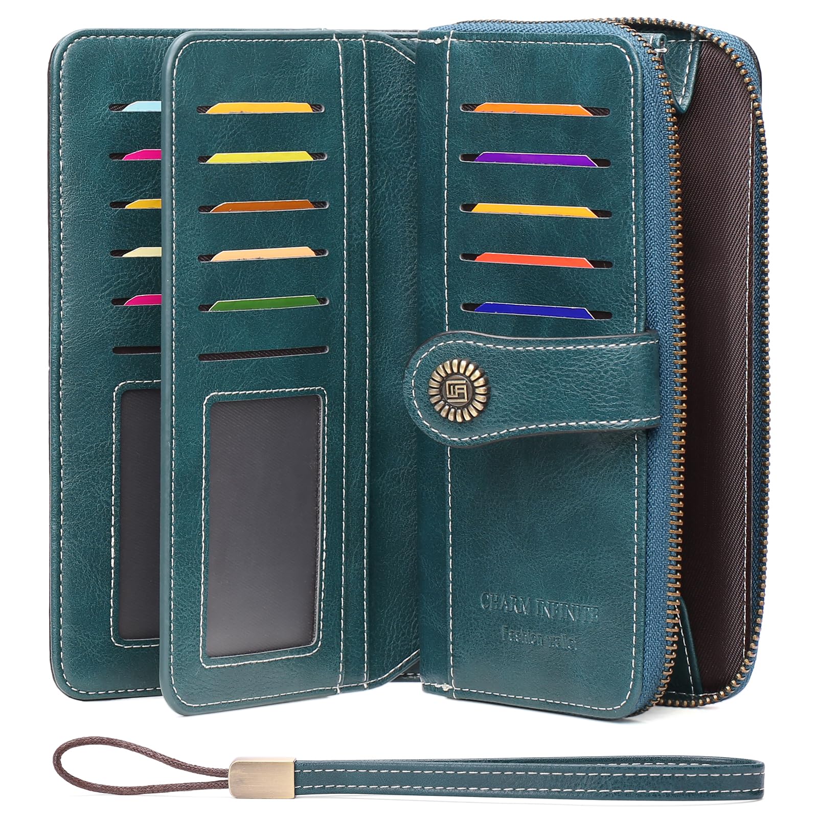 RNIEGA Women's Wallet Large Capacity Leather RFID Blocking Trifold Ladies Cluth Wristlet Wrist strap Long Purse Credit Card Holder