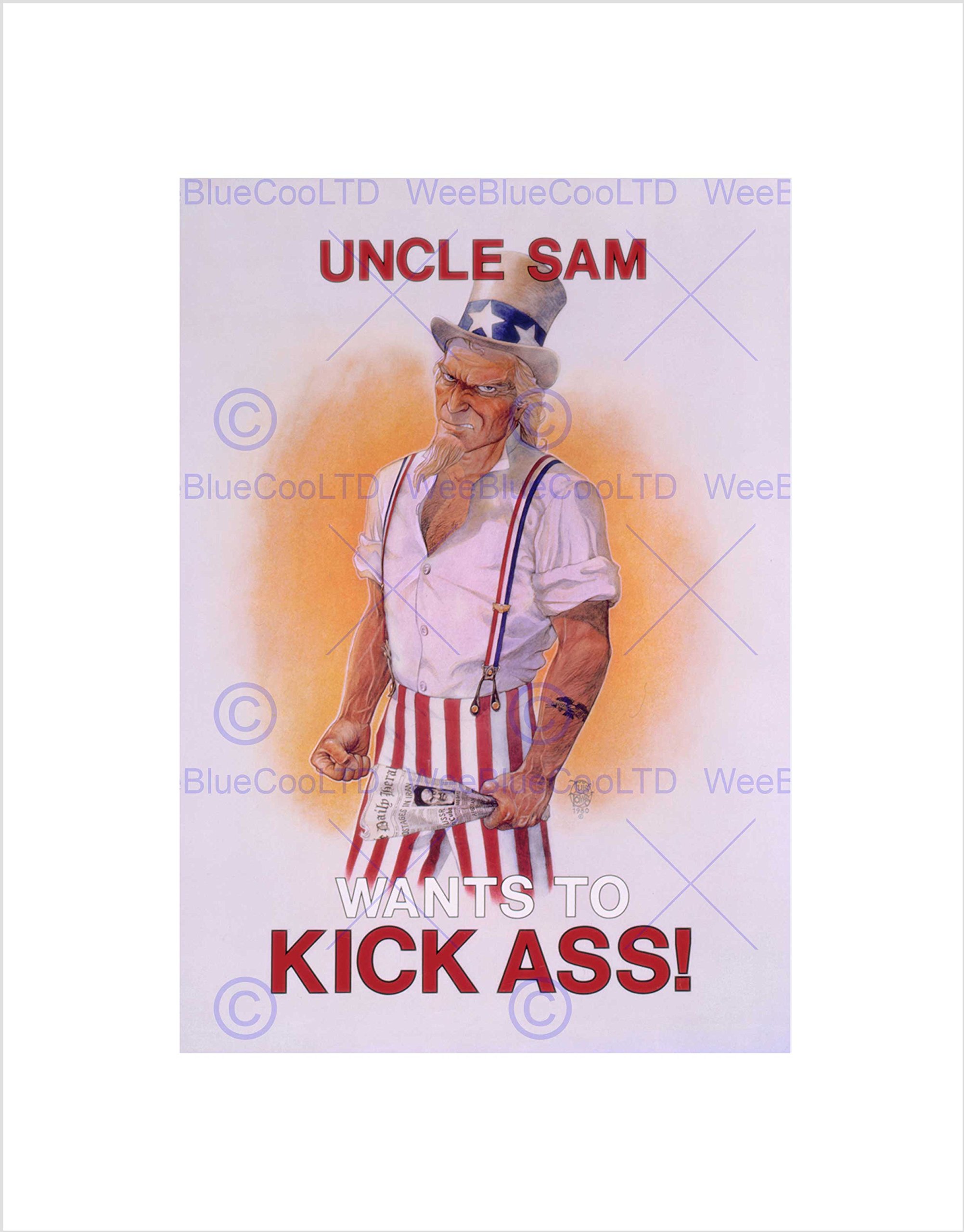 Wee Blue Coo SATIRE UNCLE SAM KICKS ASS IRAN HOSTAGE CRISIS CARICATURE FRAMED PRINT B12X5752