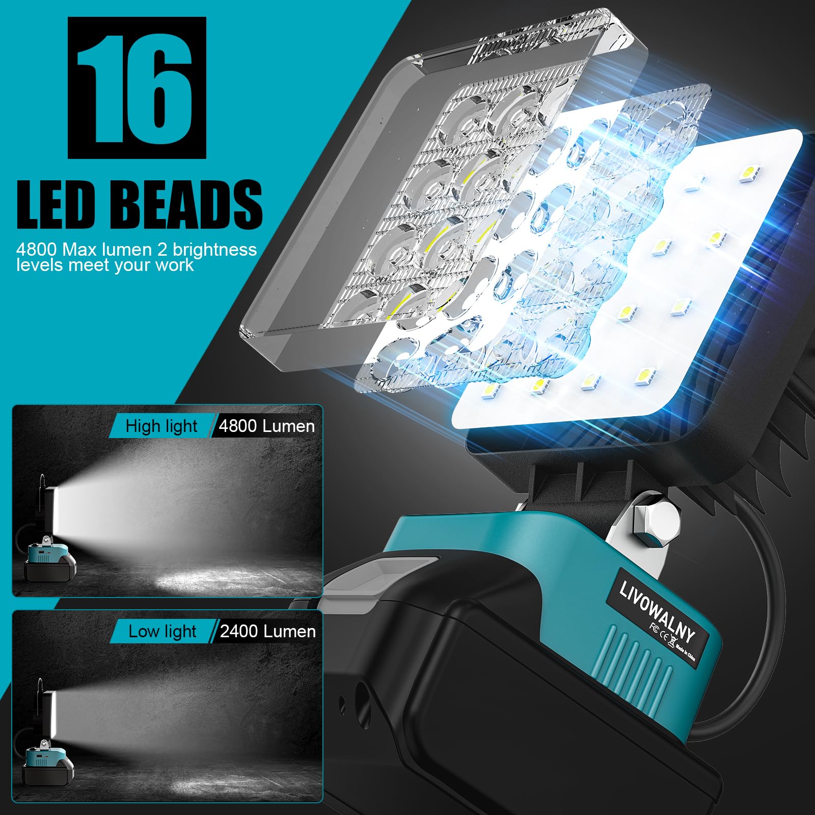 LIVOWALNY Lampe LED Rechargeable Compatible avec Makita 18V Batterie, 48 W Projecteur LED Chantier à Double Interrupteur avec Type C/USB Lampe de Travail Pour Camping, Chantier(Outils Uniquement)