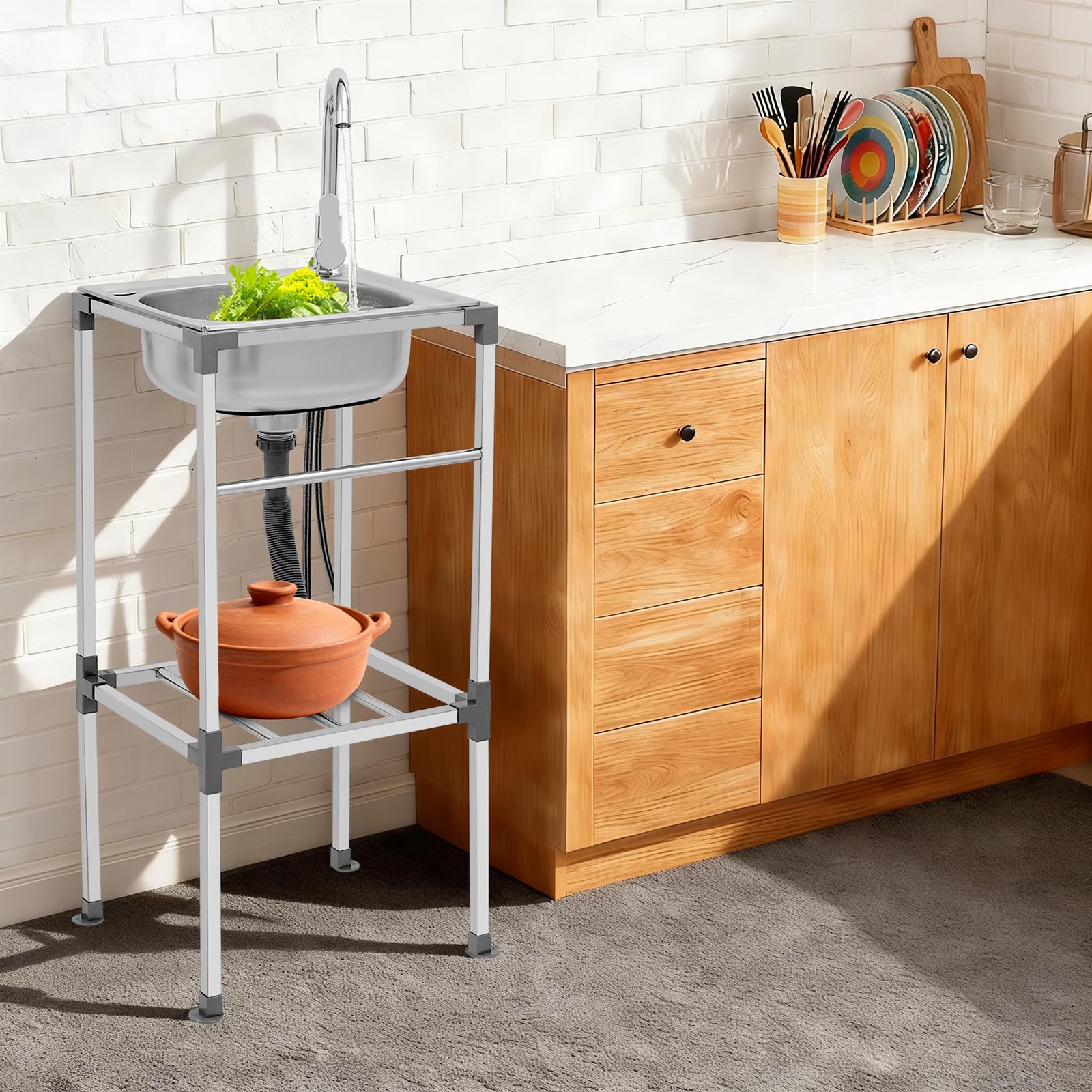 Fregadero de cocina moderno de acero inoxidable con dispositivo de drenaje y dispensador de jabón, orificio de instalación, uso universal para interiores, exteriores, cocinas, bares y restaurantes