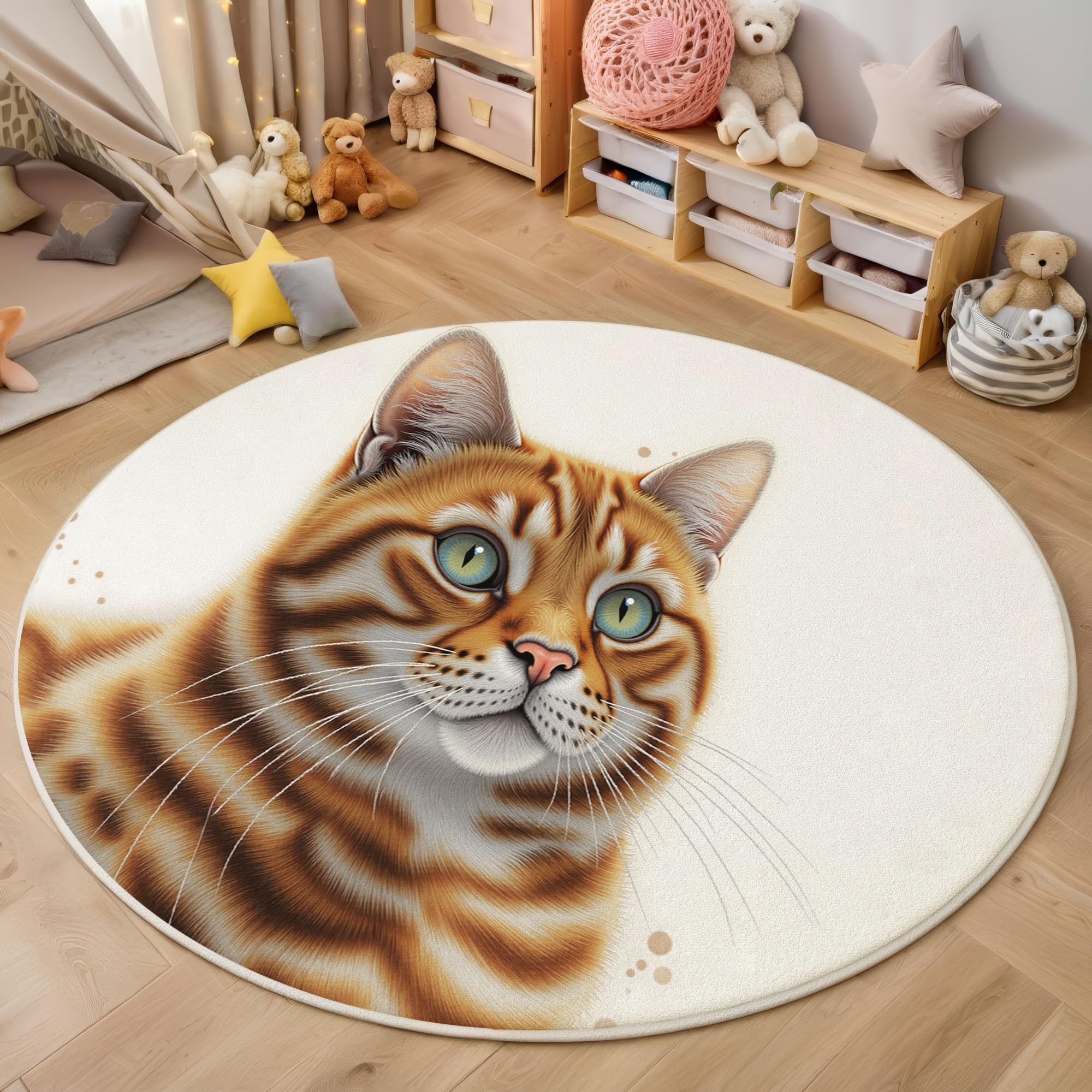 Tapis rond 160cm chat tigré pour décorer la chambre d'enfant et salon