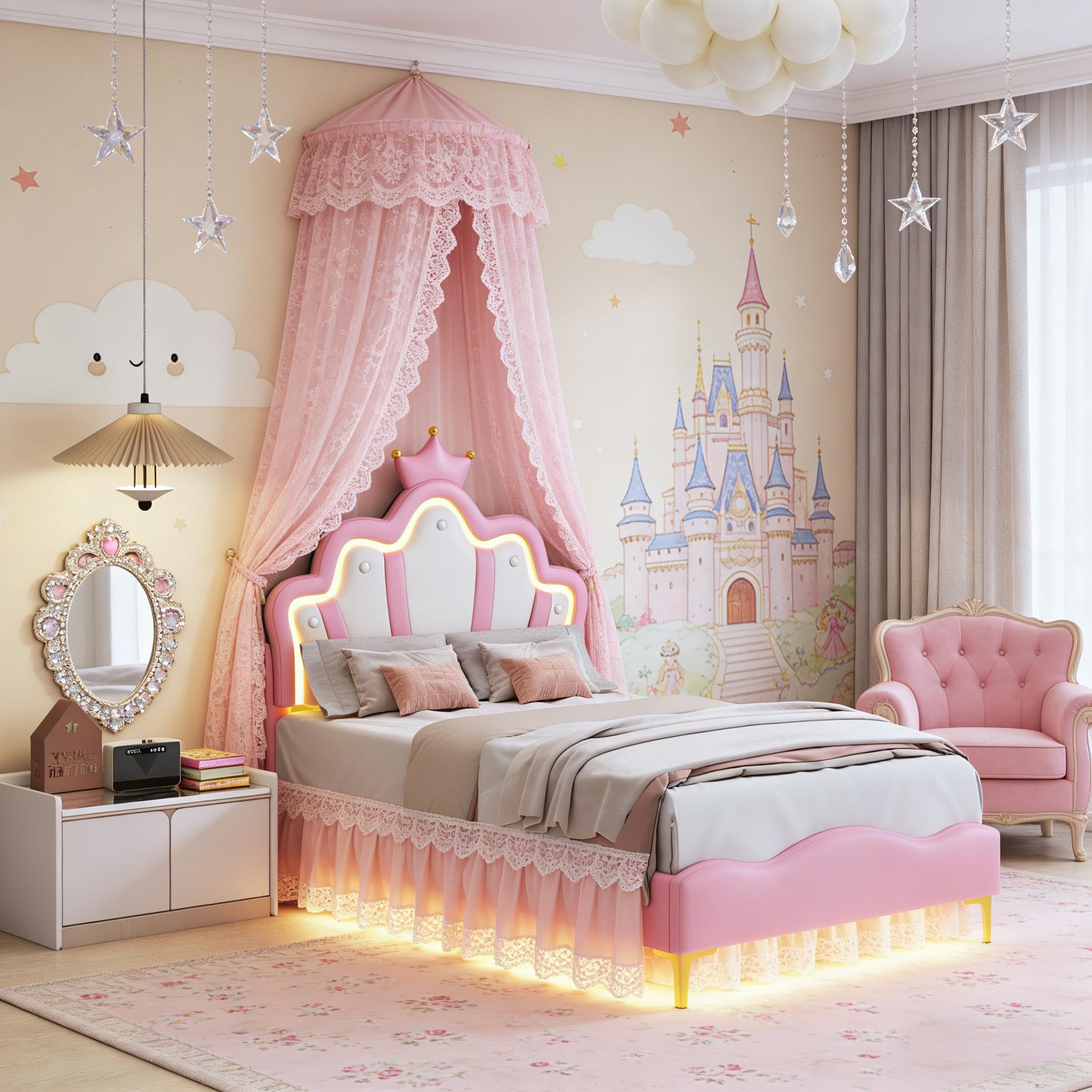 Cama infantil 90 x 200 cm, Cama acolchada 90 x 200 con LED, Camas Princesas para Niña en Forma de Corona con Somier de láminas y cabecera ajustable Marco de cama Capitonado (Rosa-2, 90 x 200)