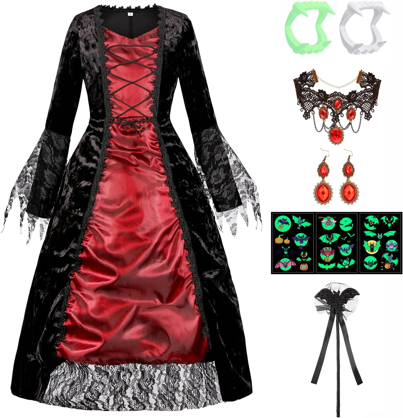 Size 11-12) Royal Vampire Dress Kids Vampire Costume Girls Halloween Costumes Toddler Vampire Cosplay Outfit Birthday Dress Up Set