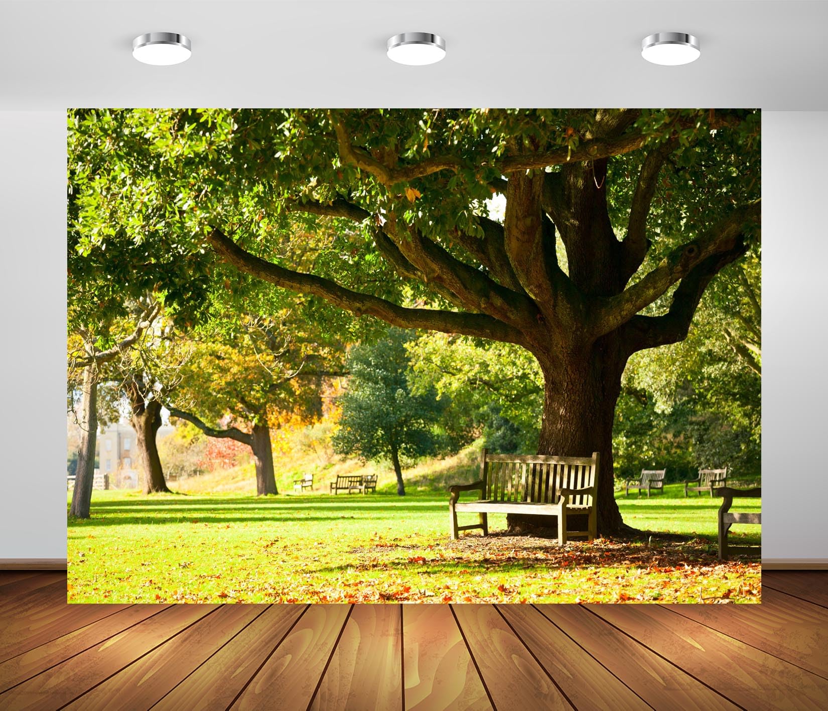 BELECO 4.6x3m Sfondo in tessuto Giardino botanico reale | Parco forestale primaverile panchina sotto albero grande prato verde sfondo ritratti artistici bambini adulti studio foto