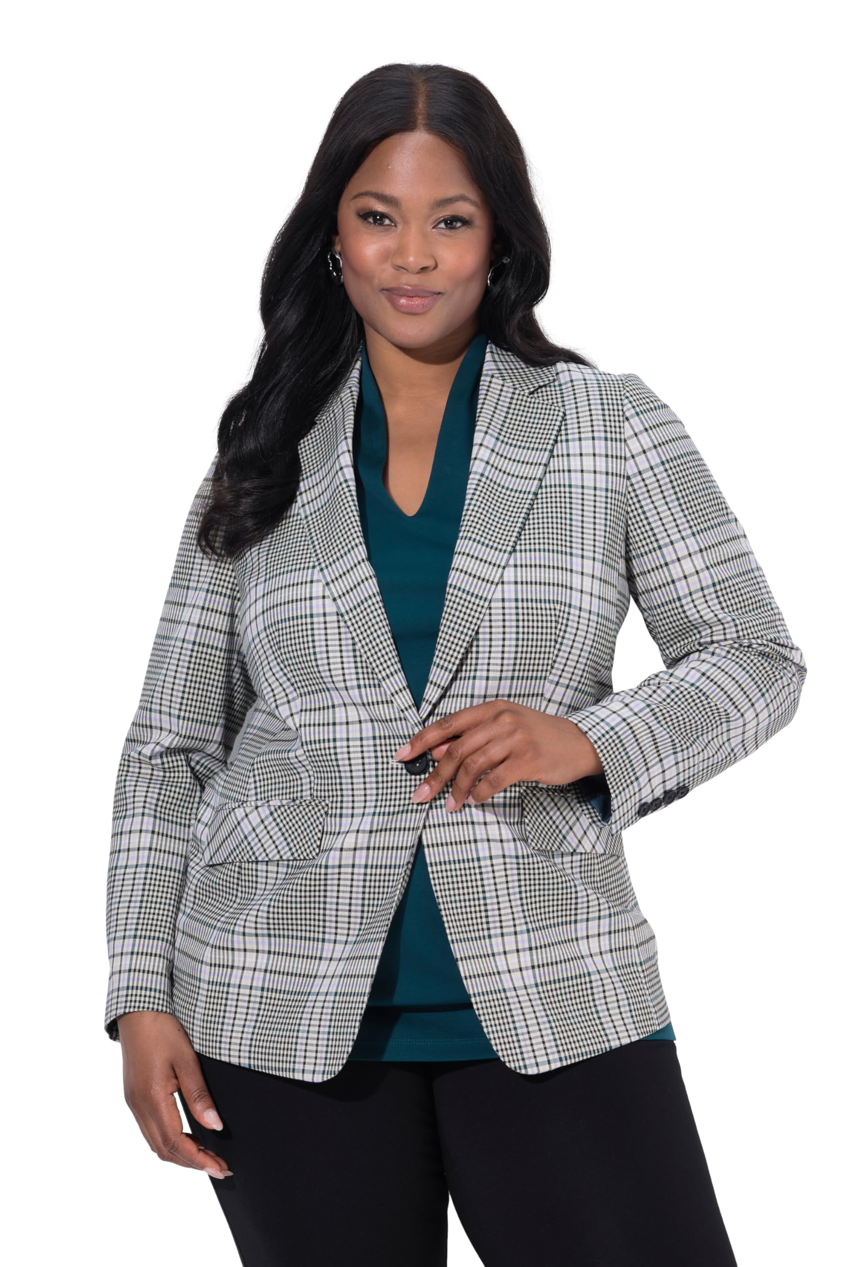 Ulla Popken Damen große Größen Übergrößen Plus Size Blazer, Karo-Design, Reverskragen, Langarm 842086