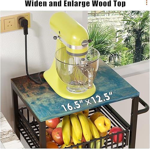 Miniatura 2 de Carro rodante de 4 niveles, carrito de utilidad, carrito de almacenamiento, carritos de cocina con ruedas con parte superior de madera, cesta de