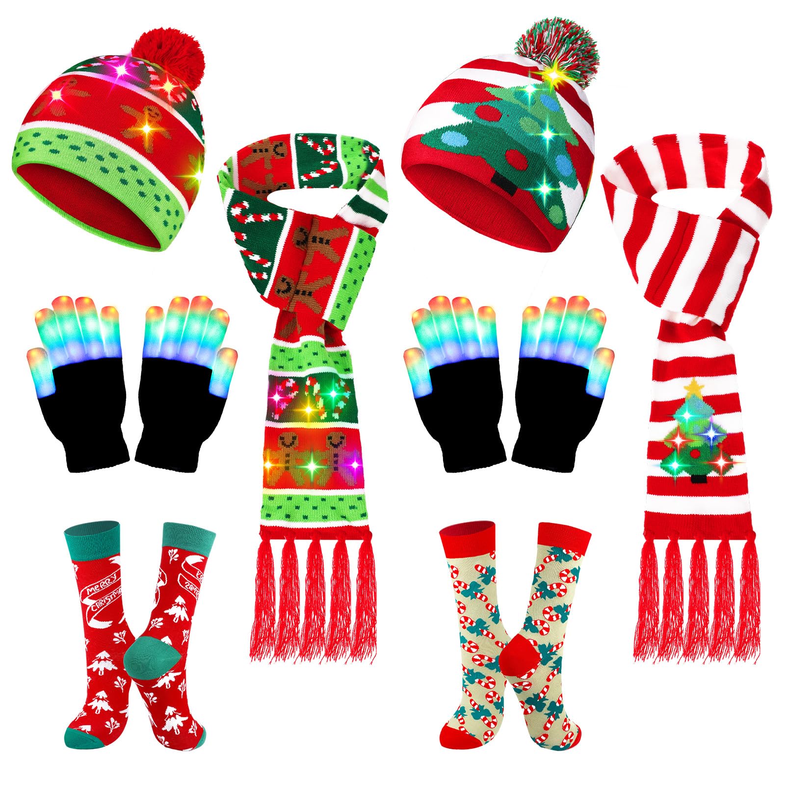 Suhine 8 Pieces LED Light up Christmas Hat Scarf Gloves Socks Set Xmas Holiday Winter Christmas Beanie Knit Cap for Women Men