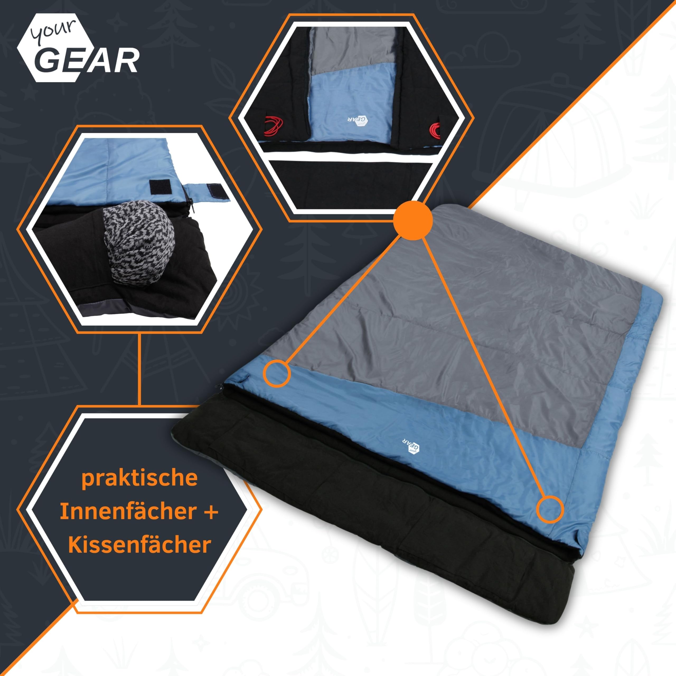 your GEAR Sumatra Duo - Saco de dormir para 2 personas (7 °C, doble manta, 230 x 160 cm, forro 100% algodón), color azul y gris